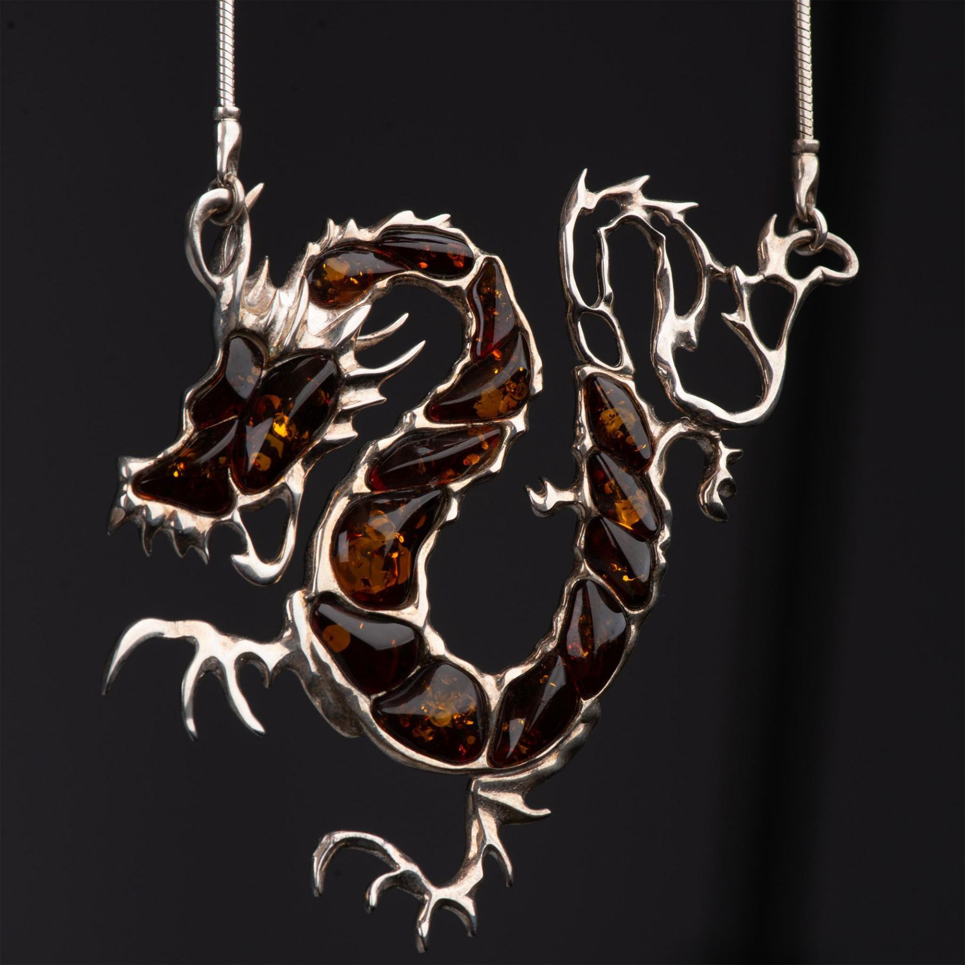 Gorgeous Sterling Silver and Amber Dragon Necklace - Image 4 of 5