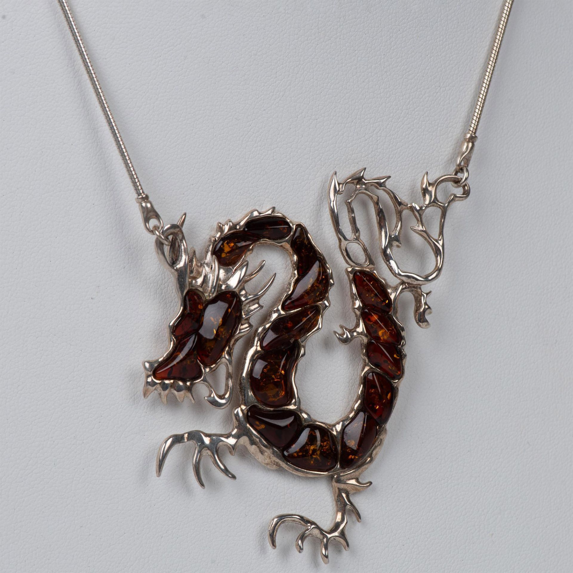 Gorgeous Sterling Silver and Amber Dragon Necklace - Image 2 of 5