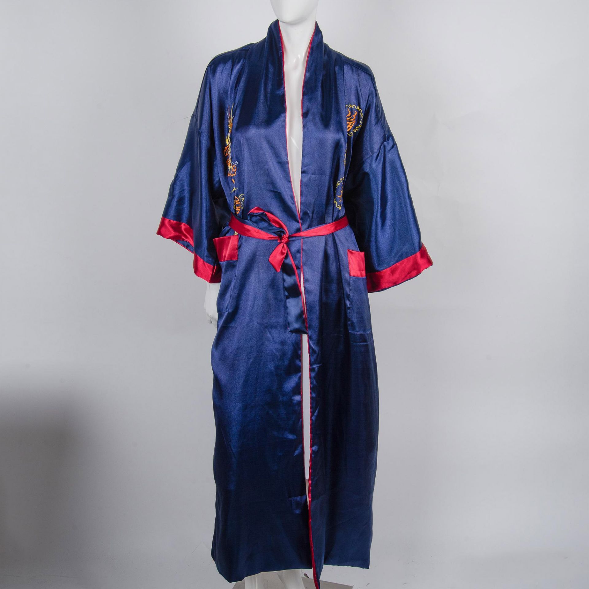 Asian Embroidered Reversible Kimono Robe with Sash