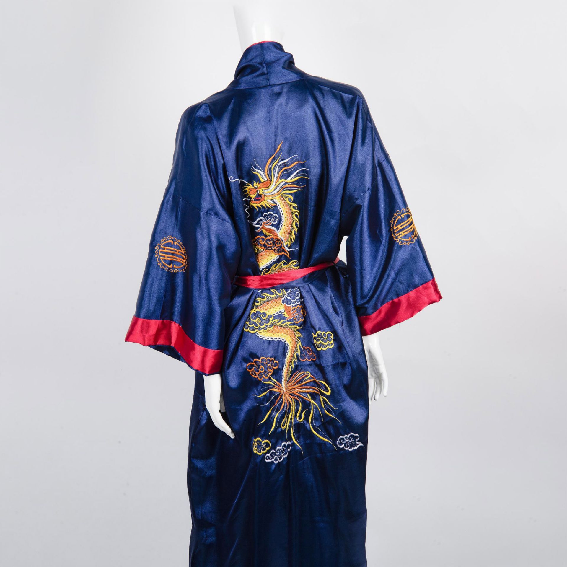 Asian Embroidered Reversible Kimono Robe with Sash - Image 7 of 7