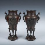 Pair of Antique Japanese Bronze Urns with Griffins Designs