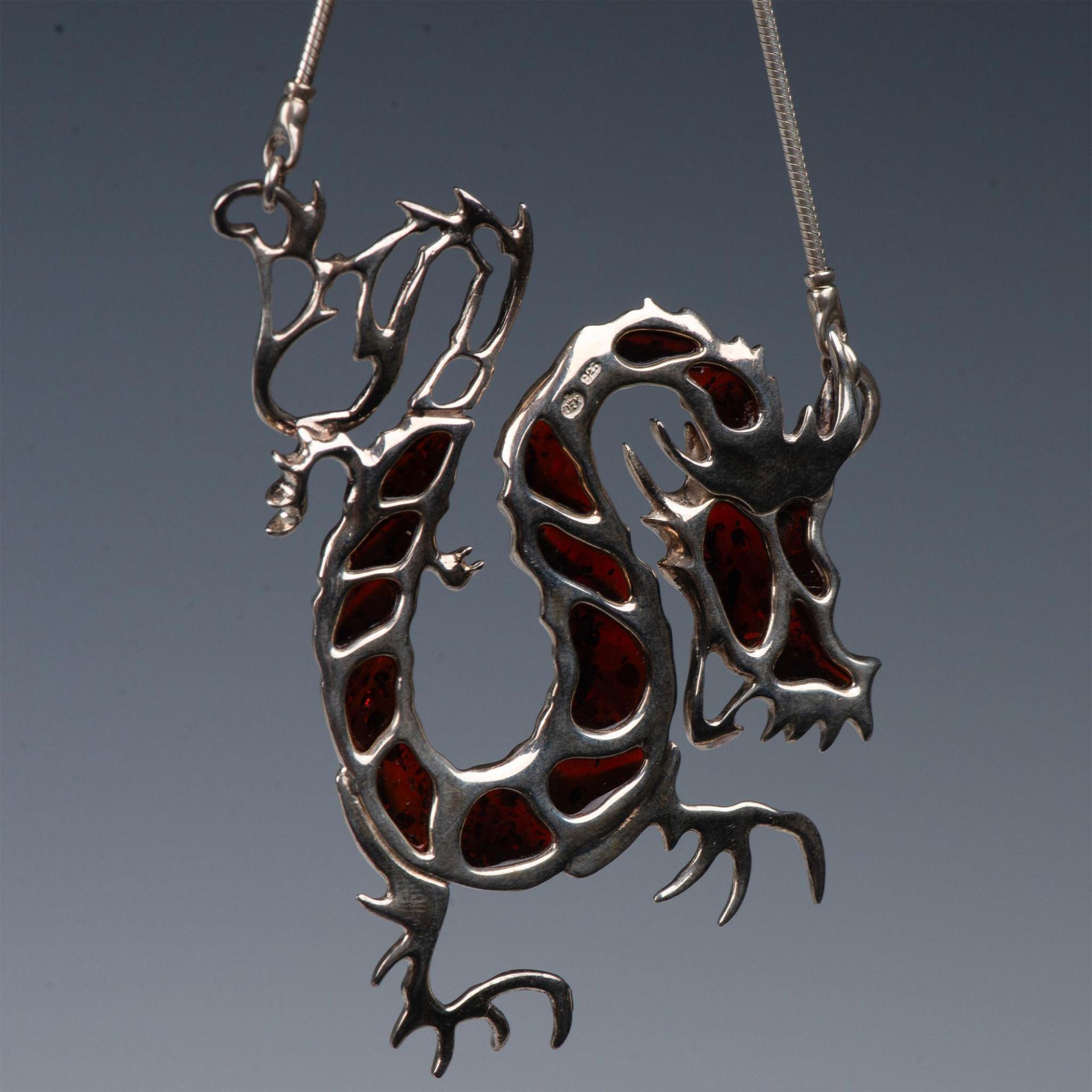 Gorgeous Sterling Silver and Amber Dragon Necklace - Image 5 of 5