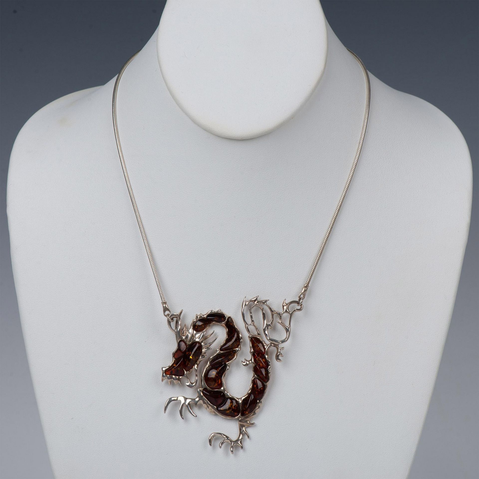 Gorgeous Sterling Silver and Amber Dragon Necklace - Image 3 of 5