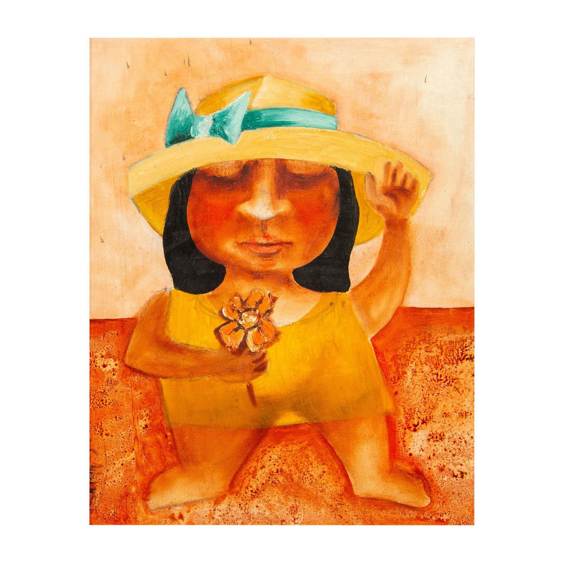 Original Acrylic & Pencil on Board, Woman with Hat, Signed - Bild 2 aus 5