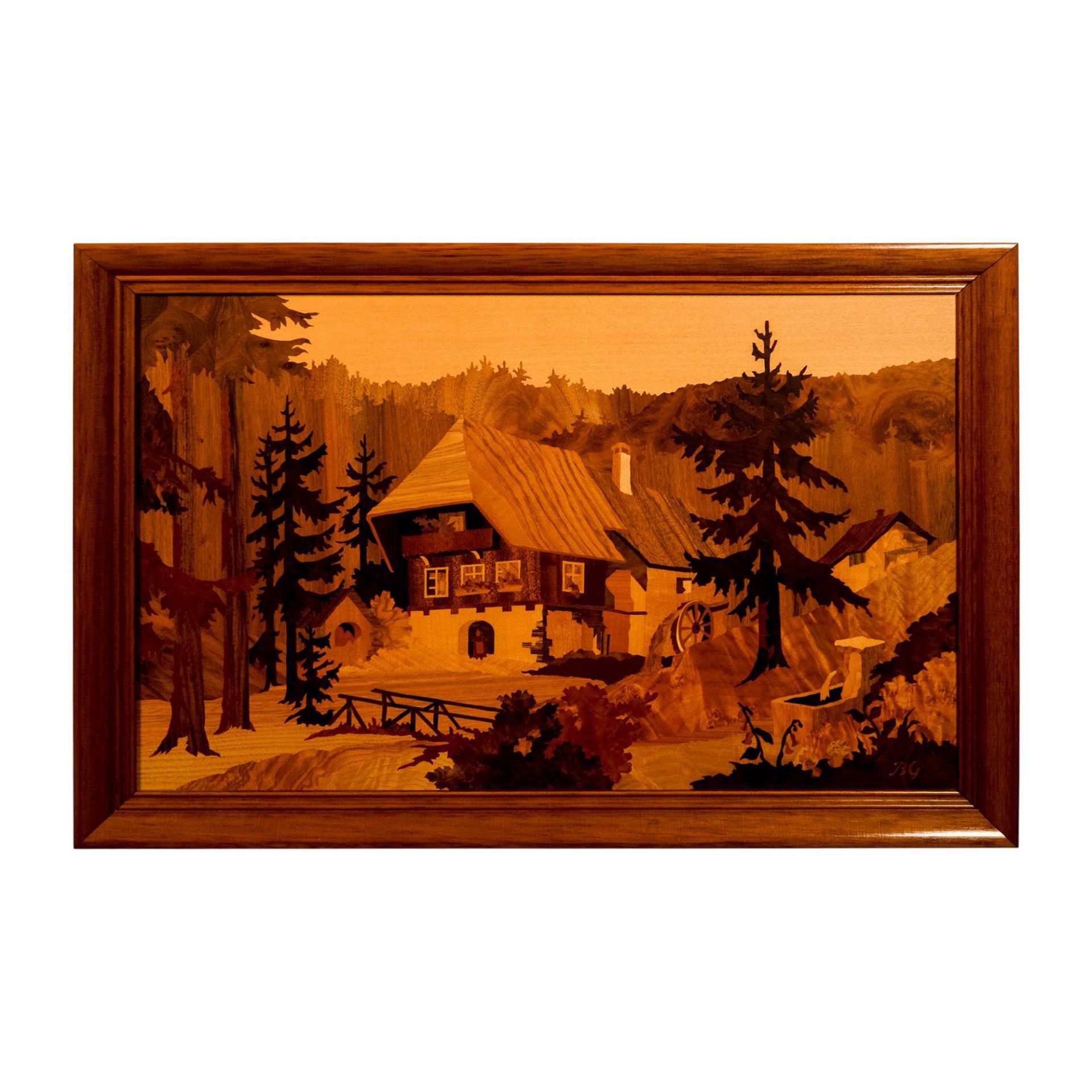 Buchschmid & Gretaux Framed Marquetry, Black Forest Mill