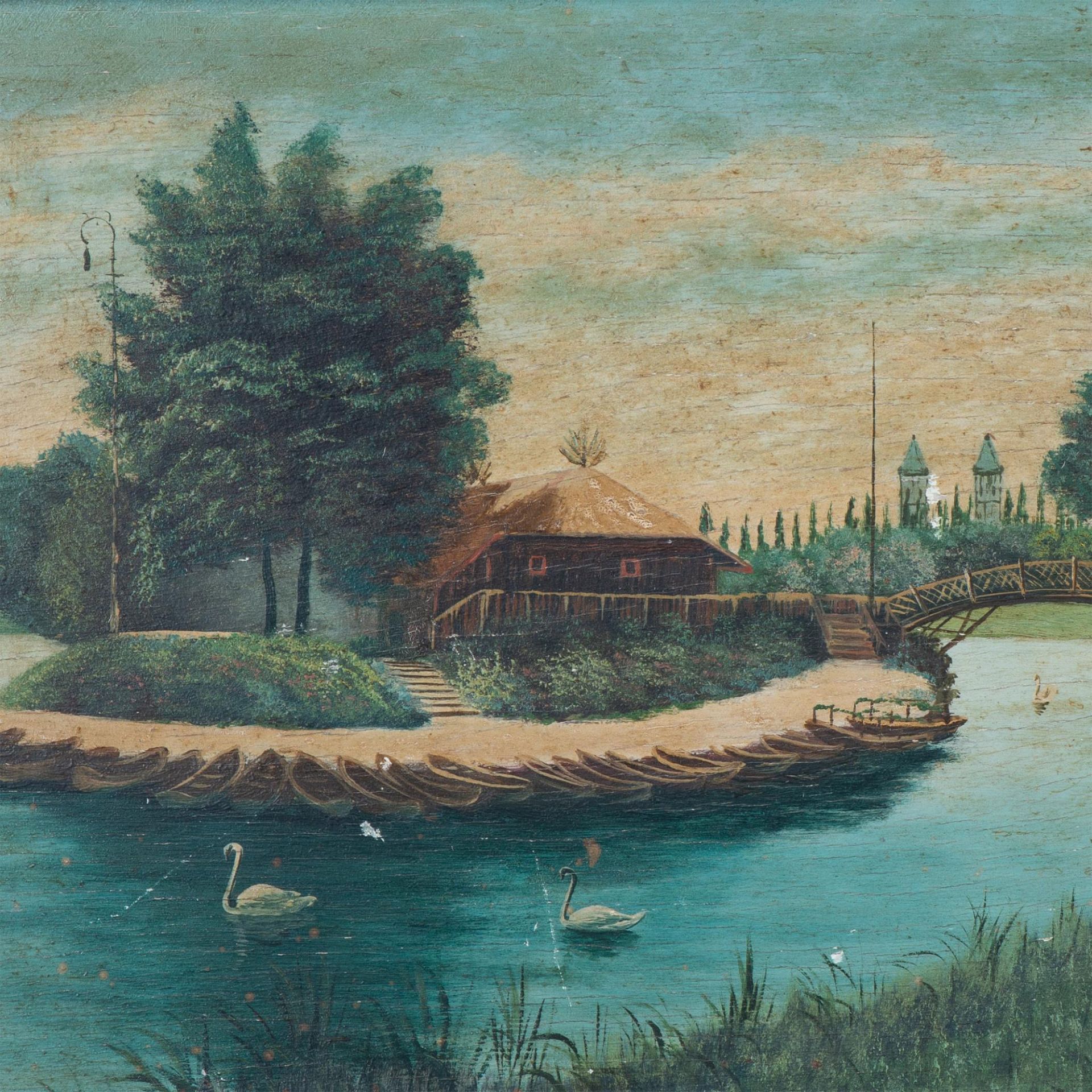 Original Oil on Wood Board, Leisure Park with Swans, Signed - Bild 2 aus 7