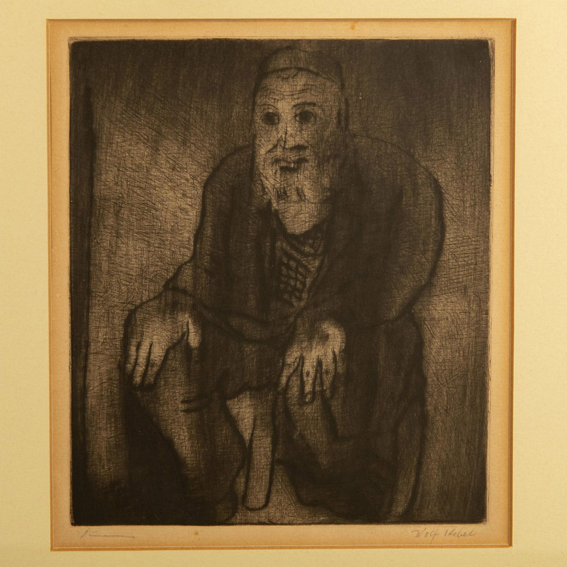Original Monochrome Etching on Paper, Seated Rabbi, Signed - Image 3 of 6