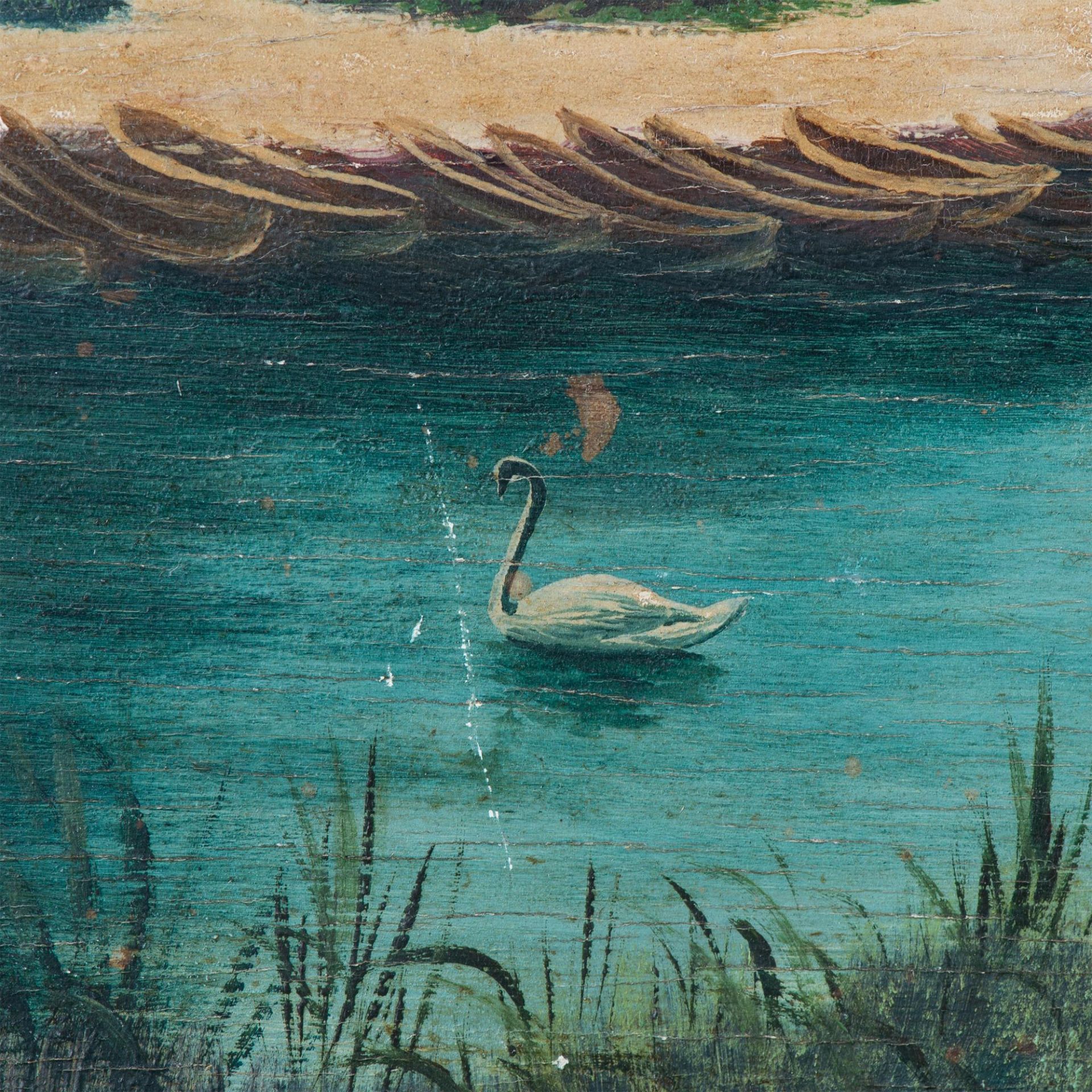 Original Oil on Wood Board, Leisure Park with Swans, Signed - Bild 4 aus 7