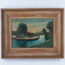 Original Oil on Wood Board, Leisure Park with Swans, Signed