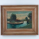 Original Oil on Wood Board, Leisure Park with Swans, Signed