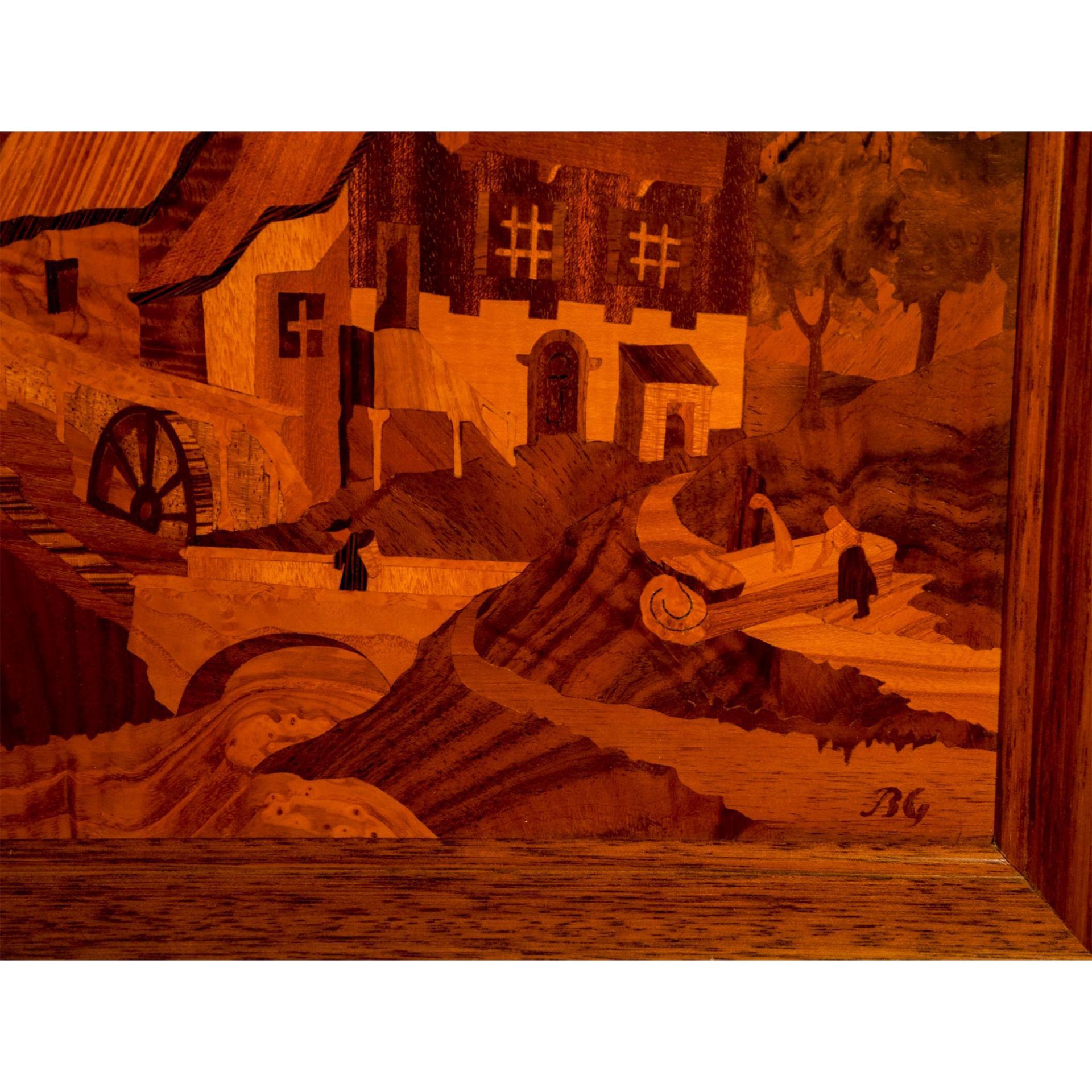 Buchschmid & Gretaux Framed Marquetry, Black Forest Mill - Image 3 of 5