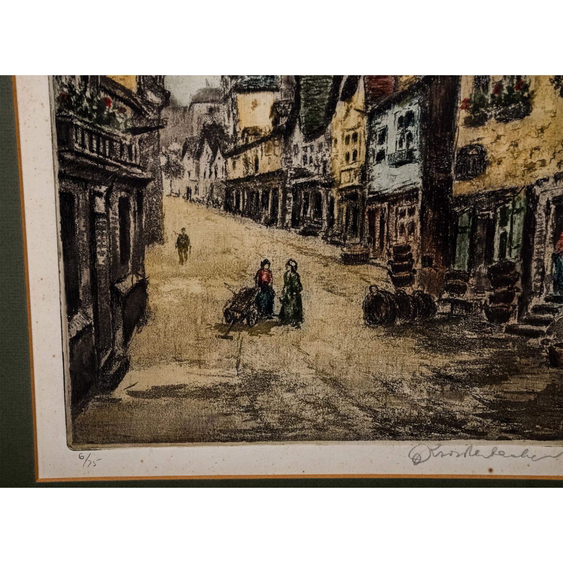 Antique Color Etching on Paper, Viennese Street, Signed - Image 4 of 5
