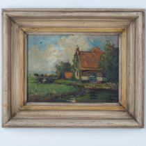 Original Oil on Wooden Board, Picturesque Farm, Signed