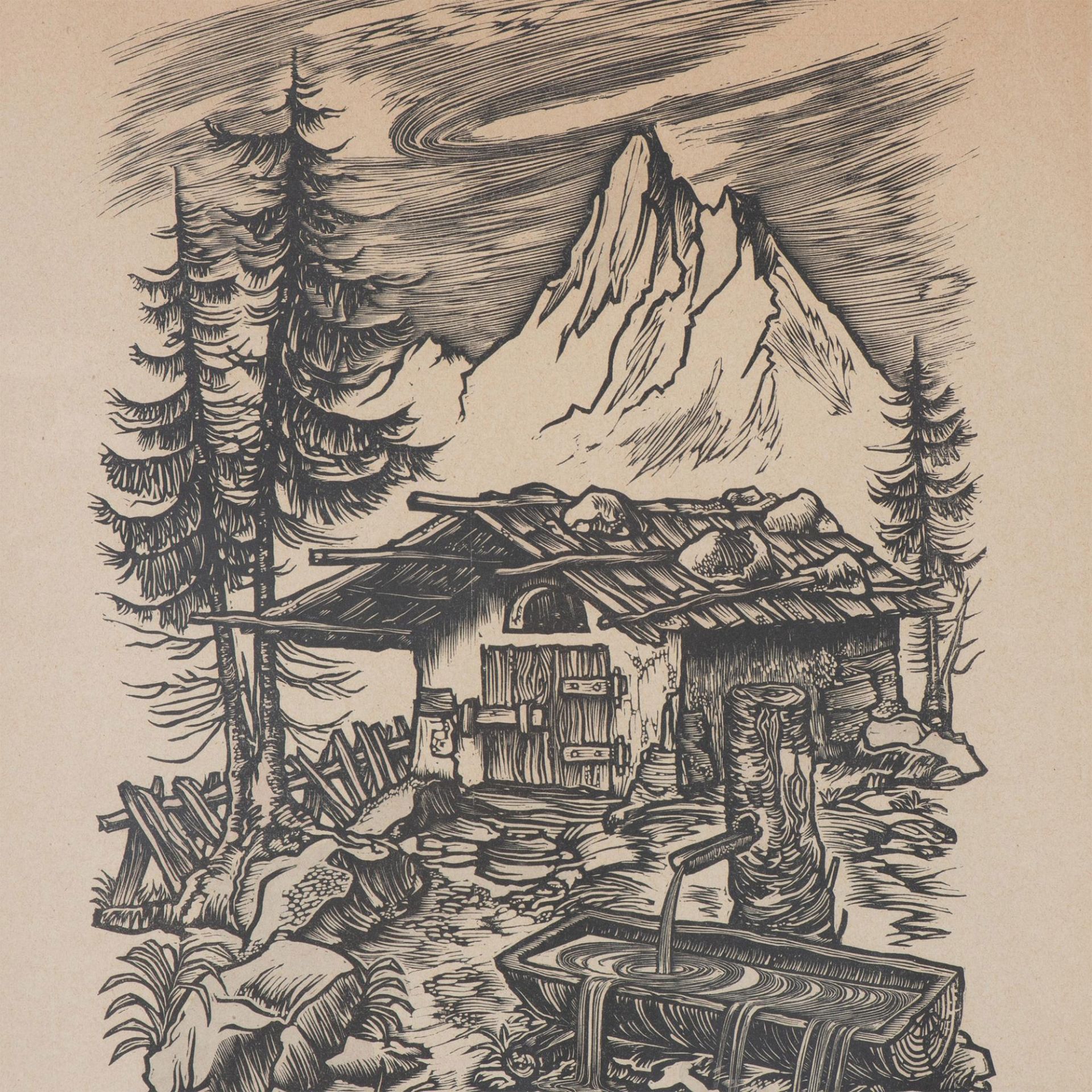 Set of Two Woodblocks on Paper, Mountain Cabins, Signed - Image 9 of 13