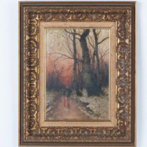 Antique Dutch Oil on Wood Board, Sunset Scene, Signed