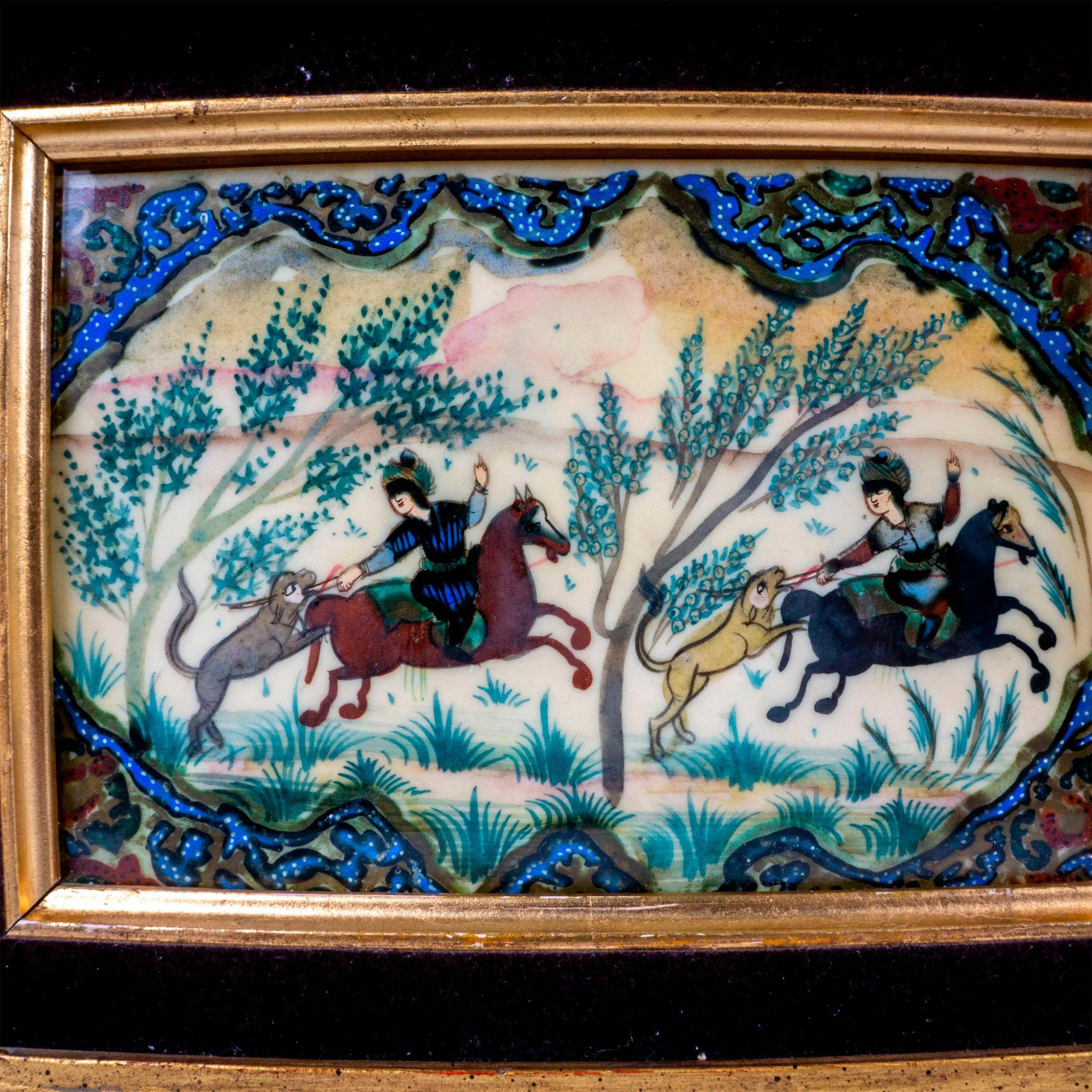 Middle Eastern Miniature Gouache Painting on Bone, Hunting Scene - Image 3 of 4