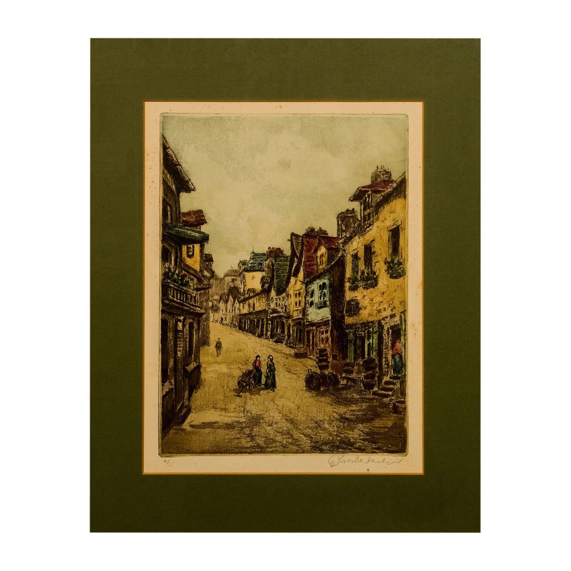Antique Color Etching on Paper, Viennese Street, Signed - Image 2 of 5