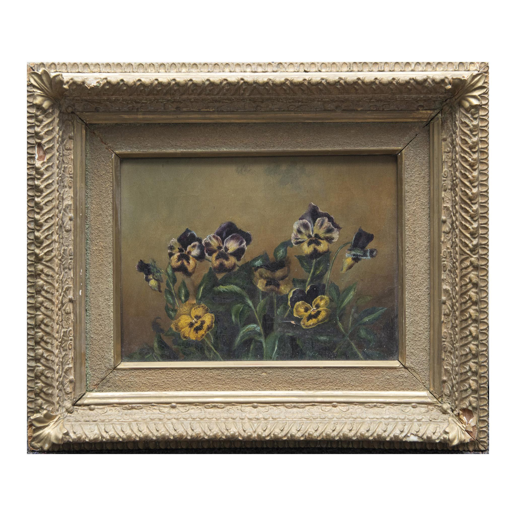 Antique Original Oil on Canvas, Still Life with Pansies