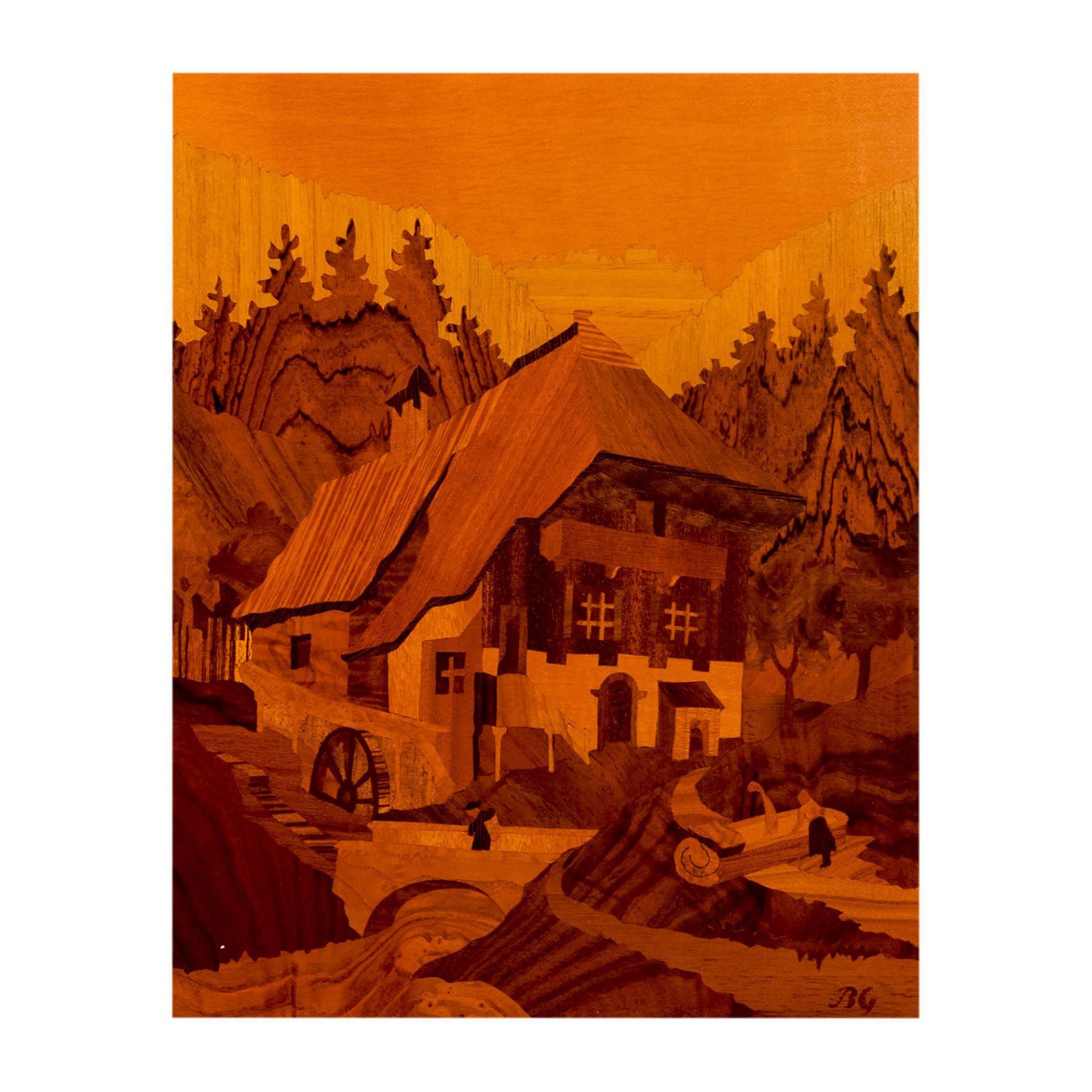 Buchschmid & Gretaux Framed Marquetry, Black Forest Mill - Image 2 of 5