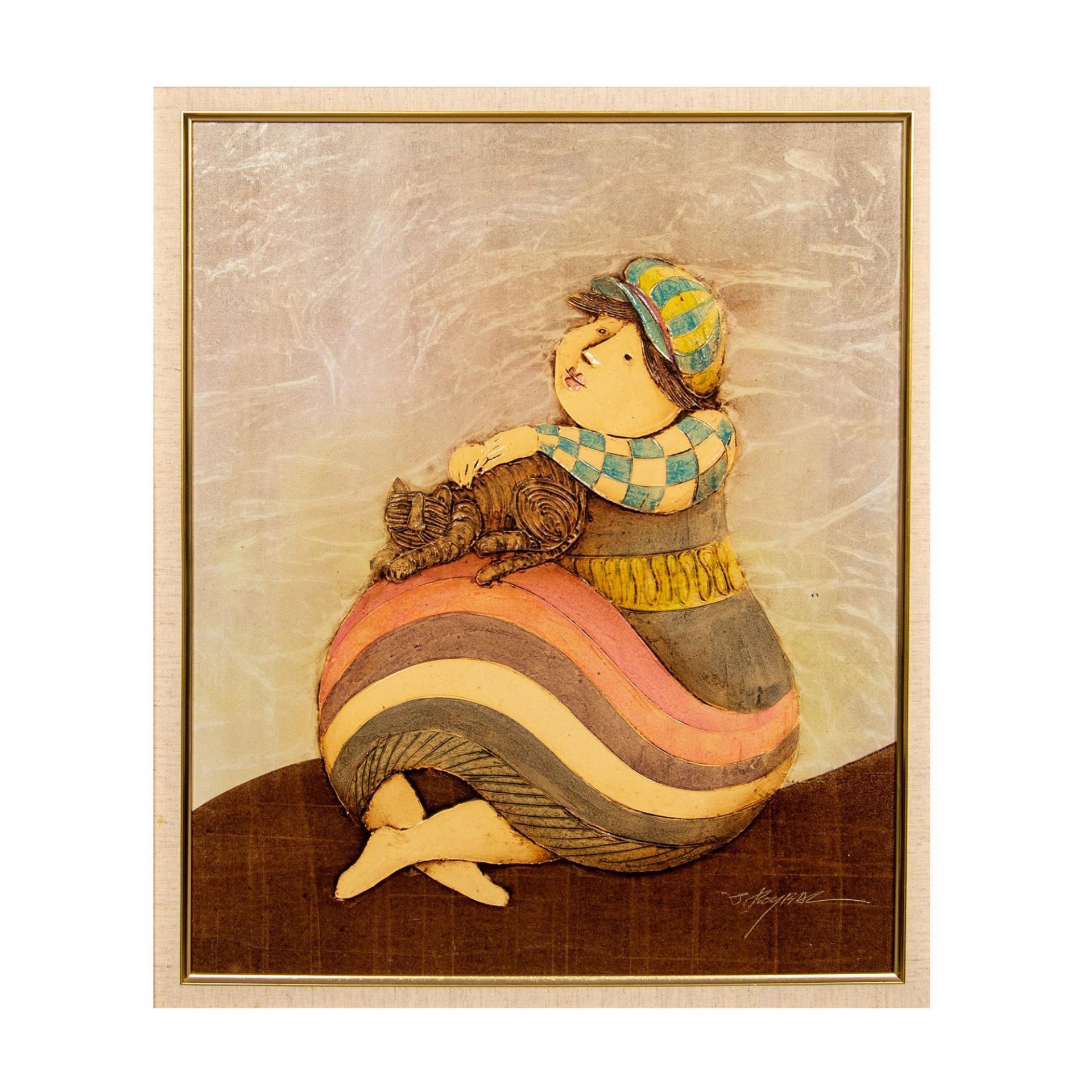 Joyce Roybal, Original Acrylic on Canvas, Woman & Cat Signed - Image 2 of 6