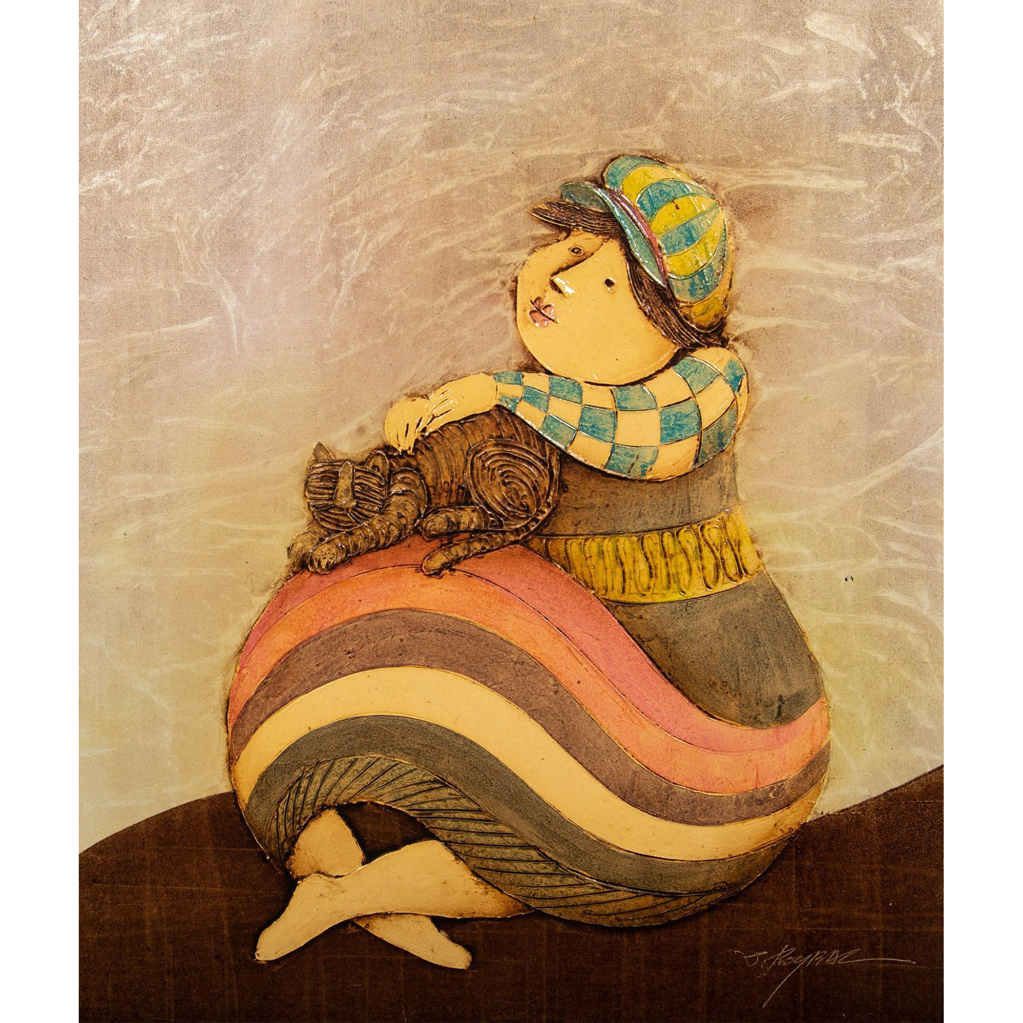 Joyce Roybal, Original Acrylic on Canvas, Woman & Cat Signed - Image 3 of 6