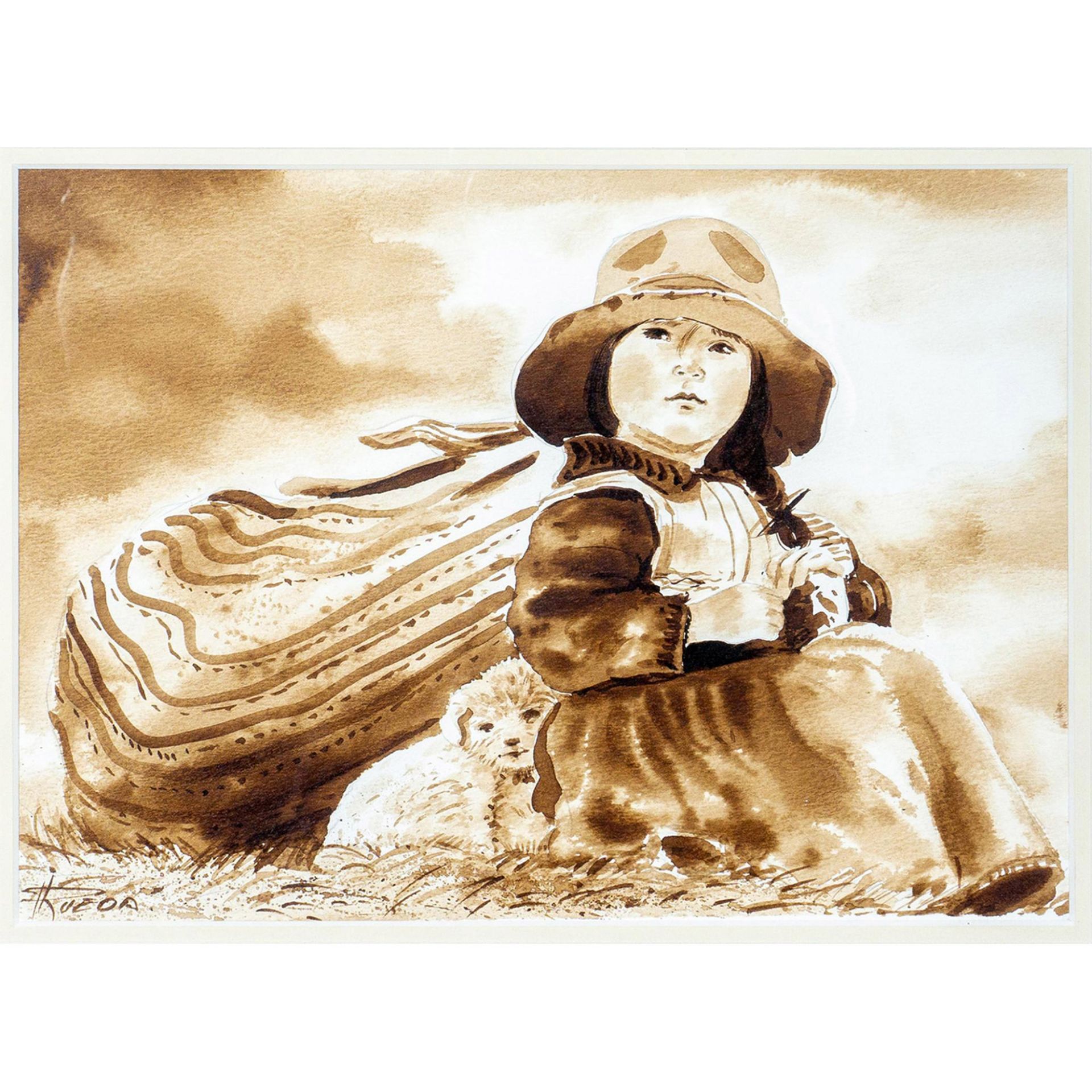 Attr. Gerardo Rueda (Spanish, 1926-1996) Watercolor, Mountain Girl - Bild 2 aus 9