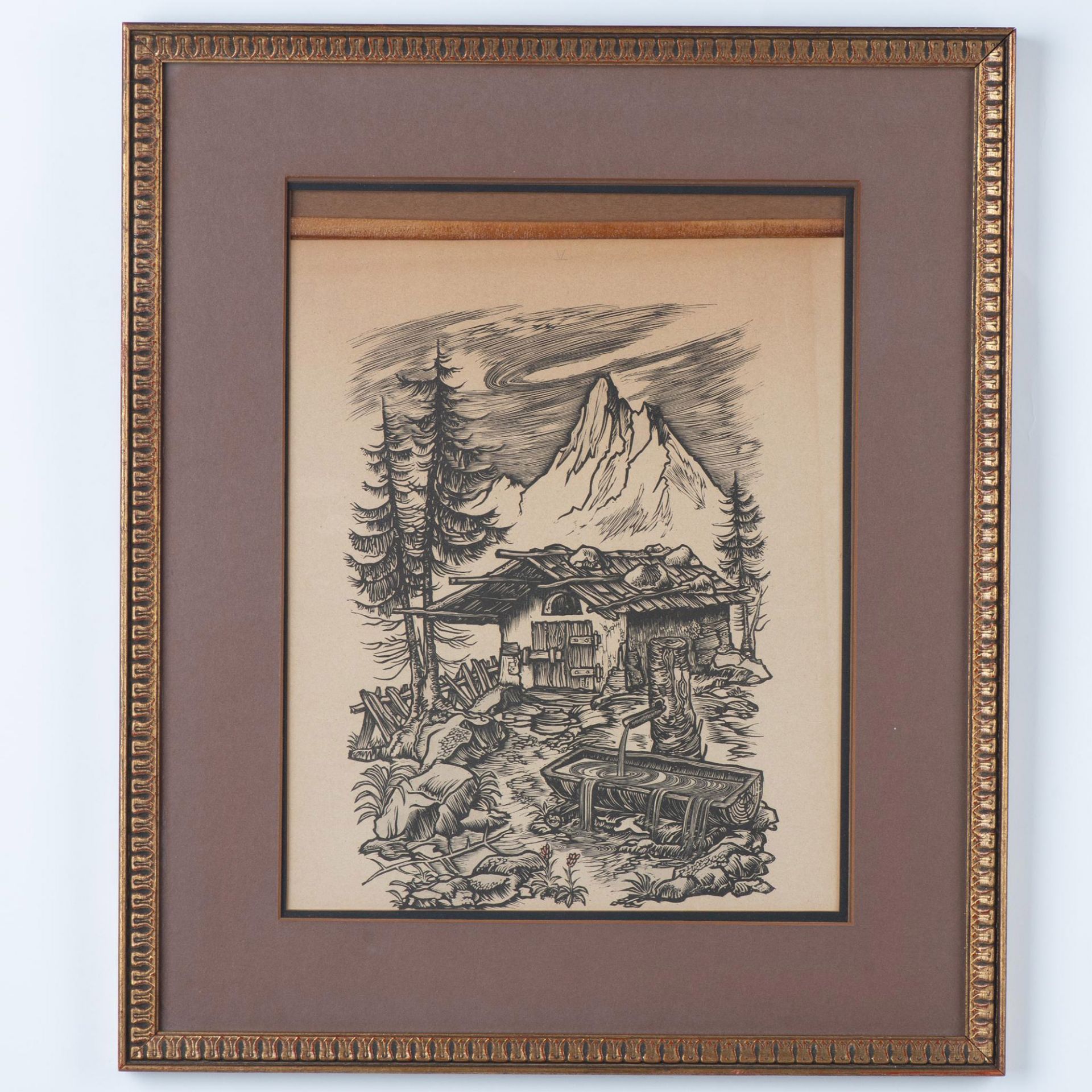 Set of Two Woodblocks on Paper, Mountain Cabins, Signed - Image 8 of 13
