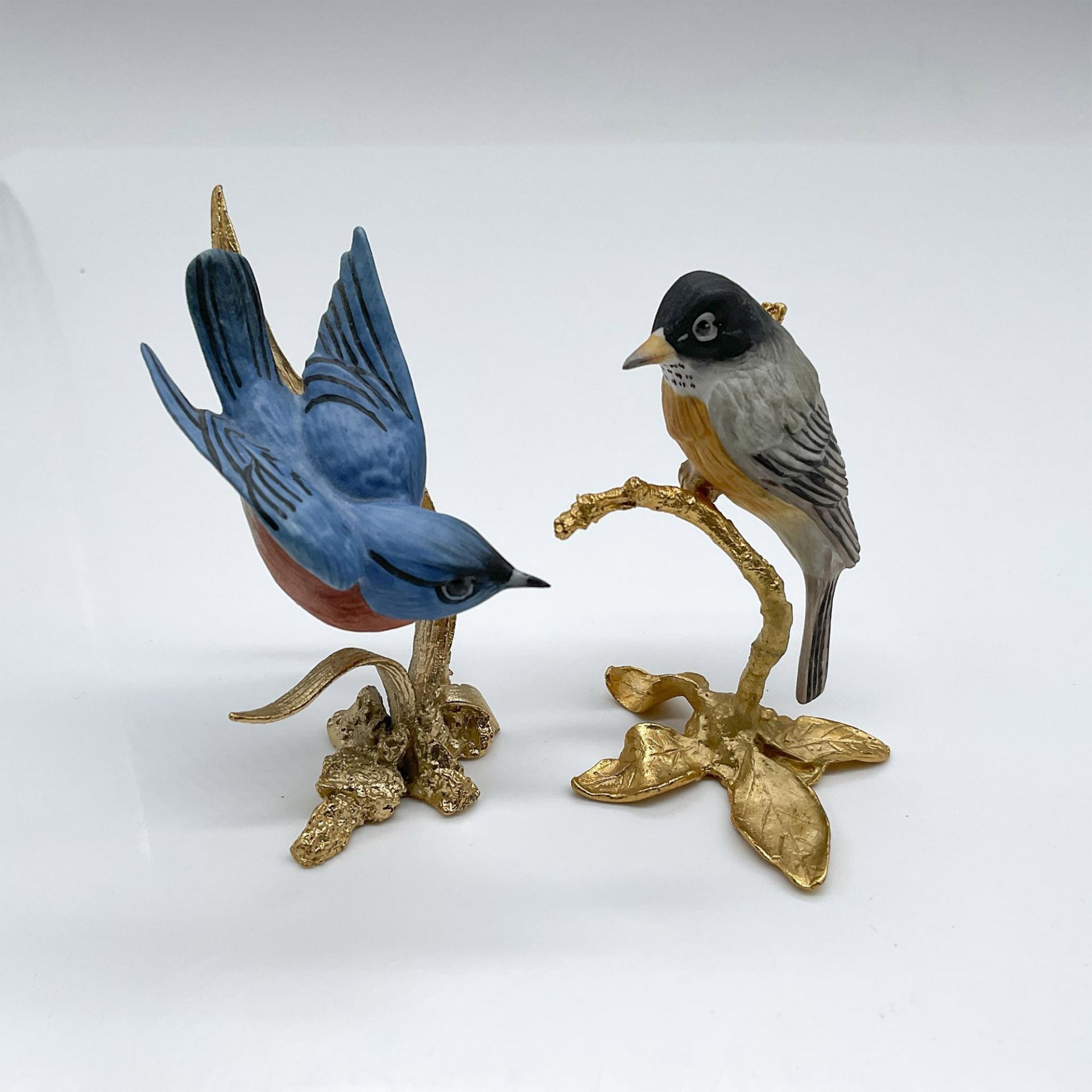 2pc Miniature Boehm Porcelain Birds on Gold Gilded Base