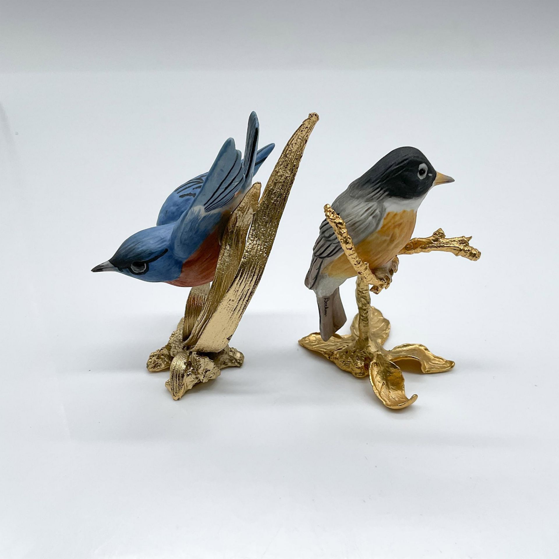 2pc Miniature Boehm Porcelain Birds on Gold Gilded Base - Image 2 of 3