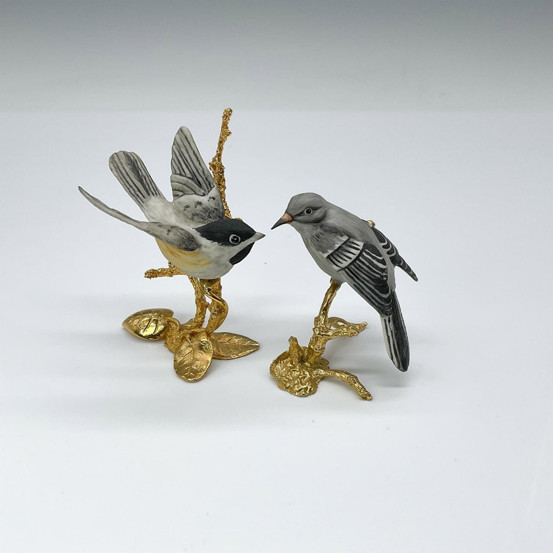 2pc Miniature Boehm Porcelain Birds on Gold Gilded Base