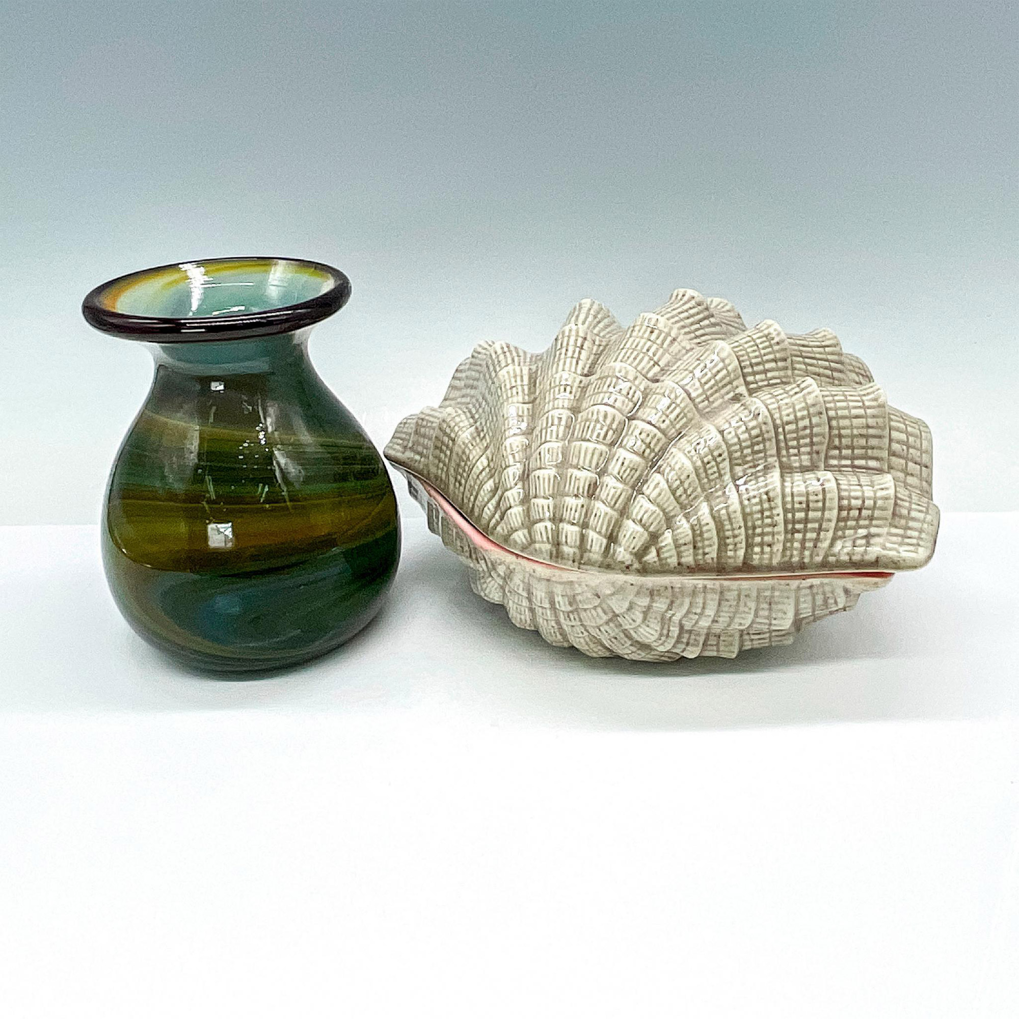 2pc Art Glass Vase and Handcrafted Ceramic Lidded Clam Dish - Image 2 of 3