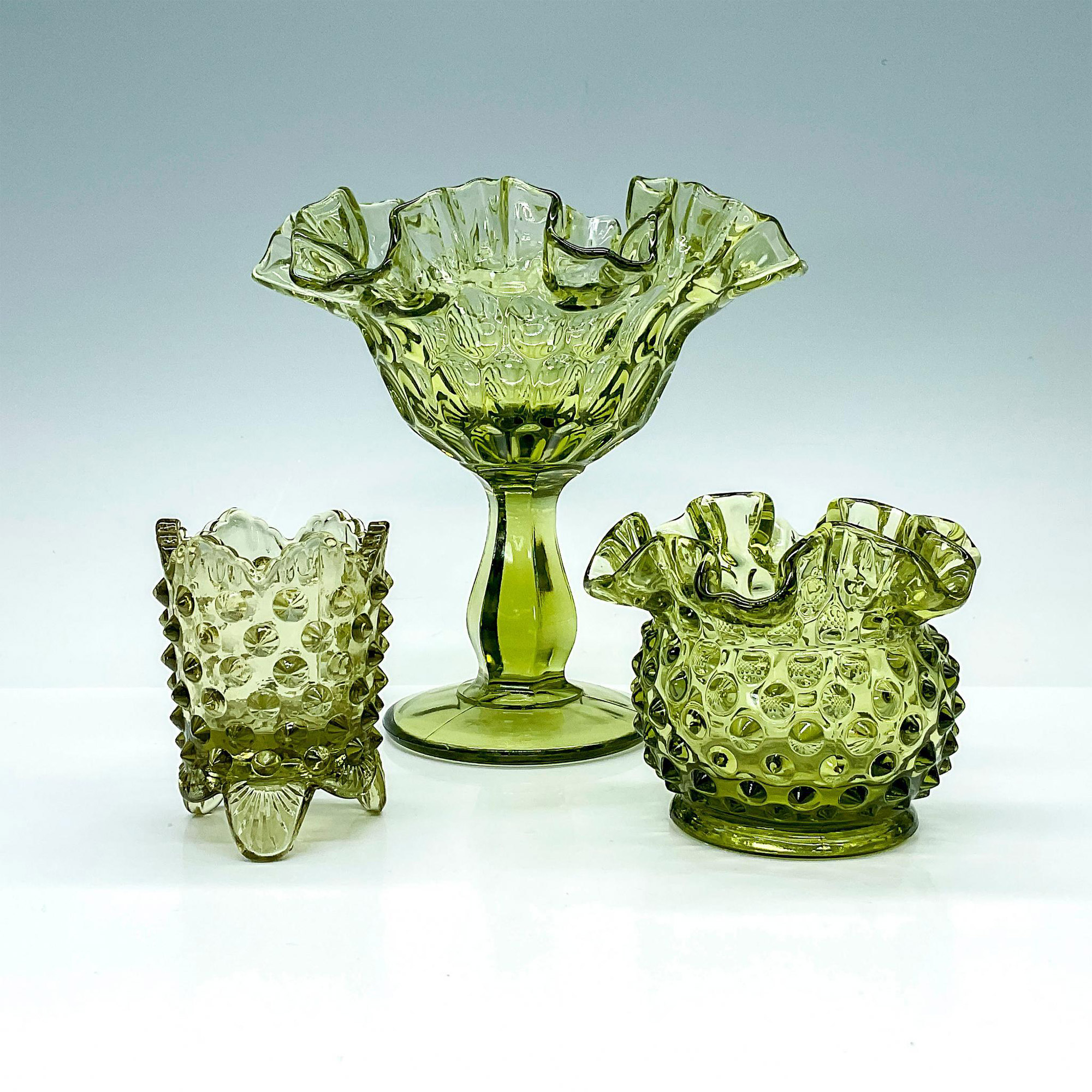 3pc Vintage Green Hobnail Glass Dishes - Bild 2 aus 3