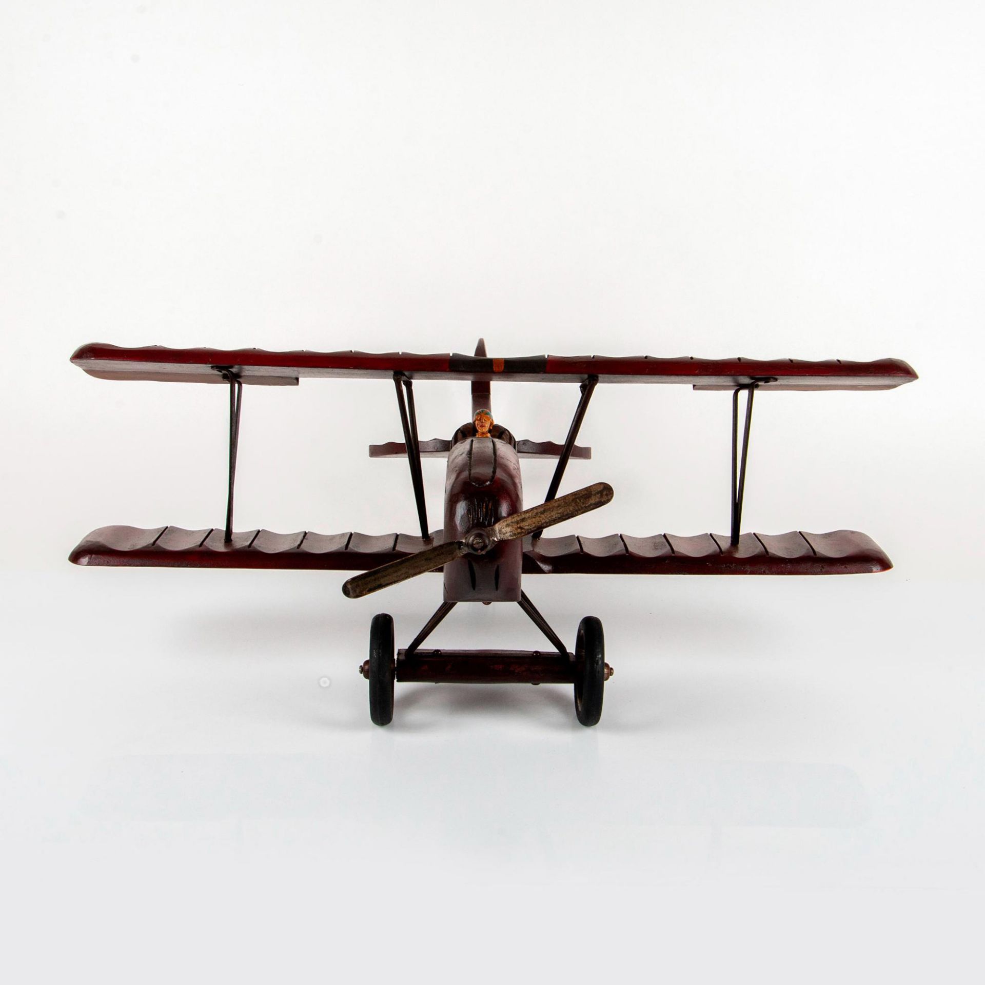 Vintage Large Dark Red Painted Wooden Model Bi-Plane - Image 3 of 5