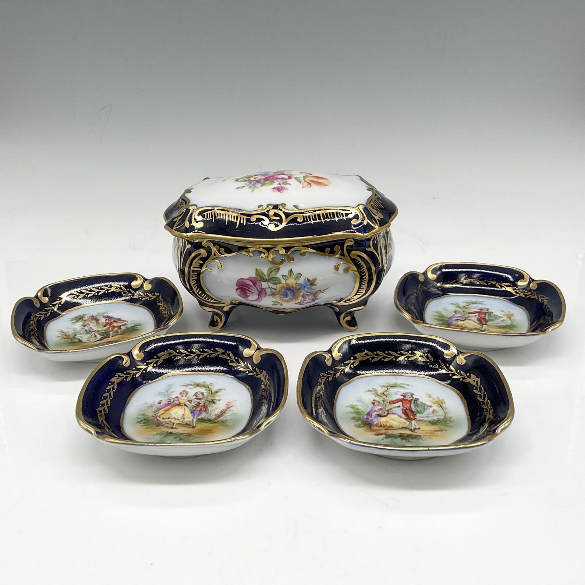 5pc JL Menau Porcelain Cobalt Blue Footed Dish & Nut Dishes