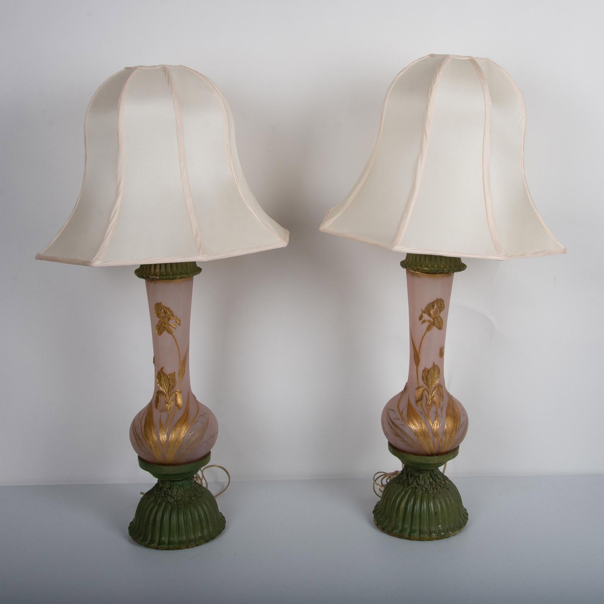 2pc Pink Glass and Green Metal Lamps, Gold Flowers + Leaves - Image 2 of 5