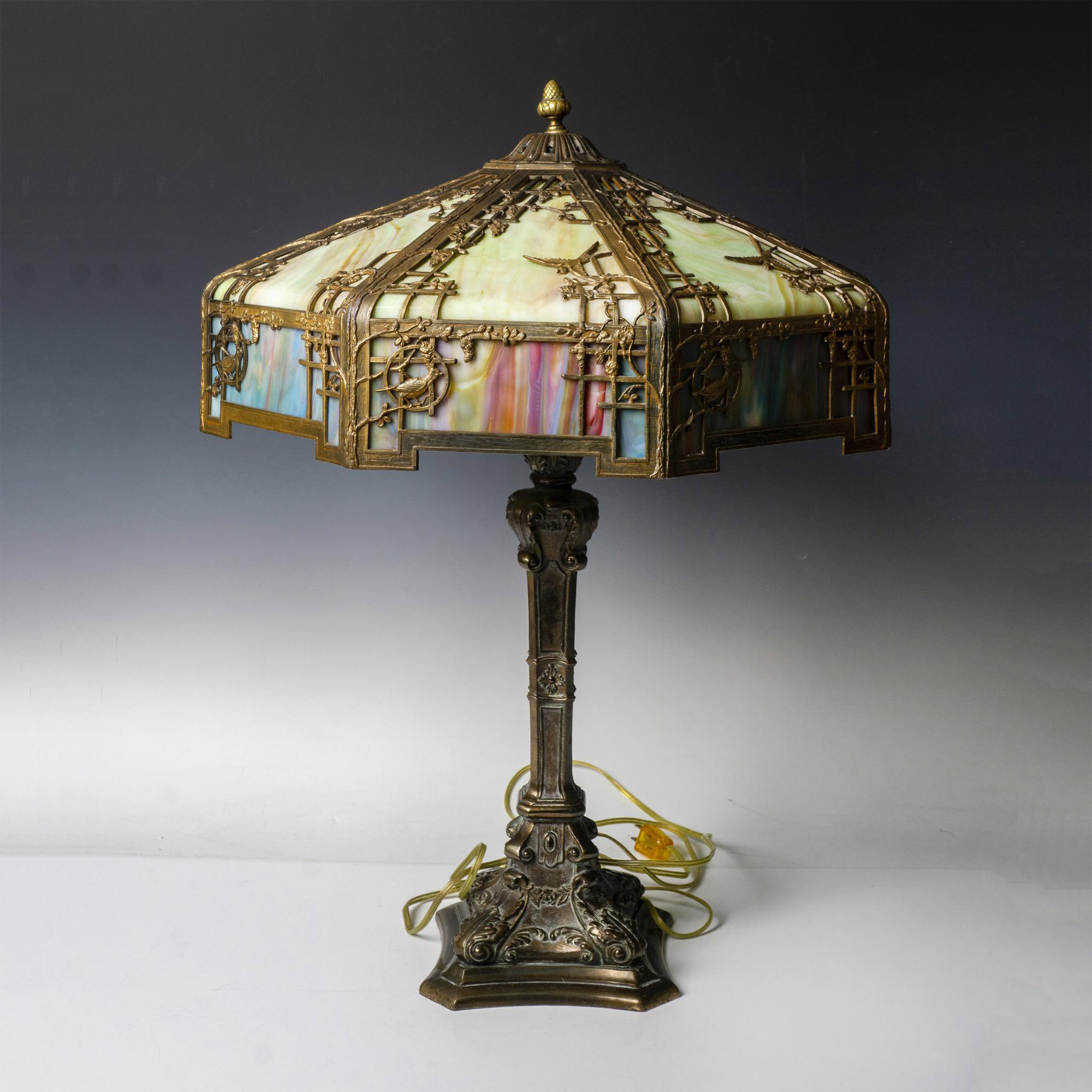 Vintage Bronze and Glass Lamp, Birds on the Veranda