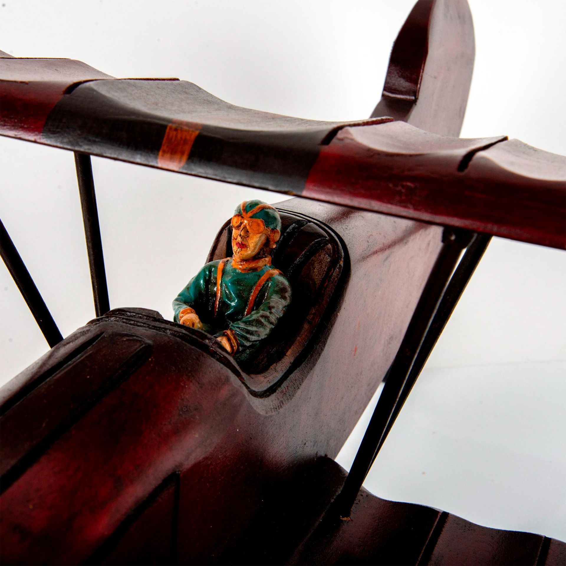 Vintage Large Dark Red Painted Wooden Model Bi-Plane - Image 2 of 5