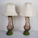 2pc Pink Glass and Green Metal Lamps, Gold Flowers + Leaves
