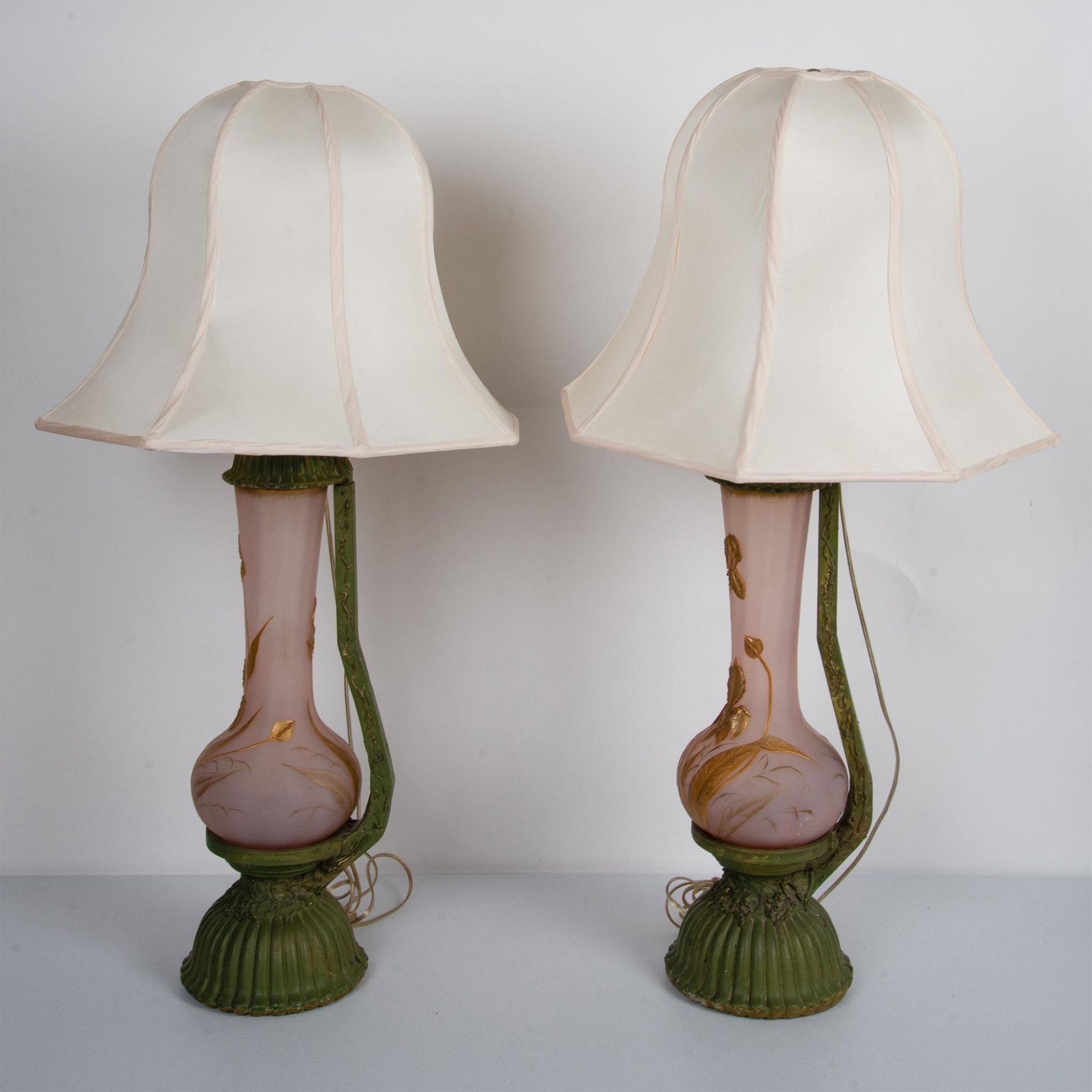 2pc Pink Glass and Green Metal Lamps, Gold Flowers + Leaves