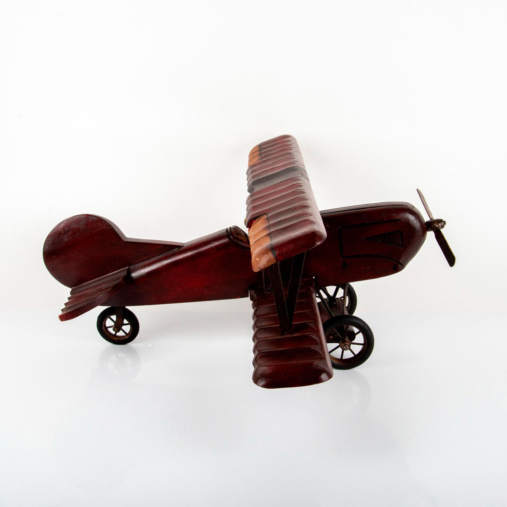 Vintage Large Dark Red Painted Wooden Model Bi-Plane - Image 4 of 5