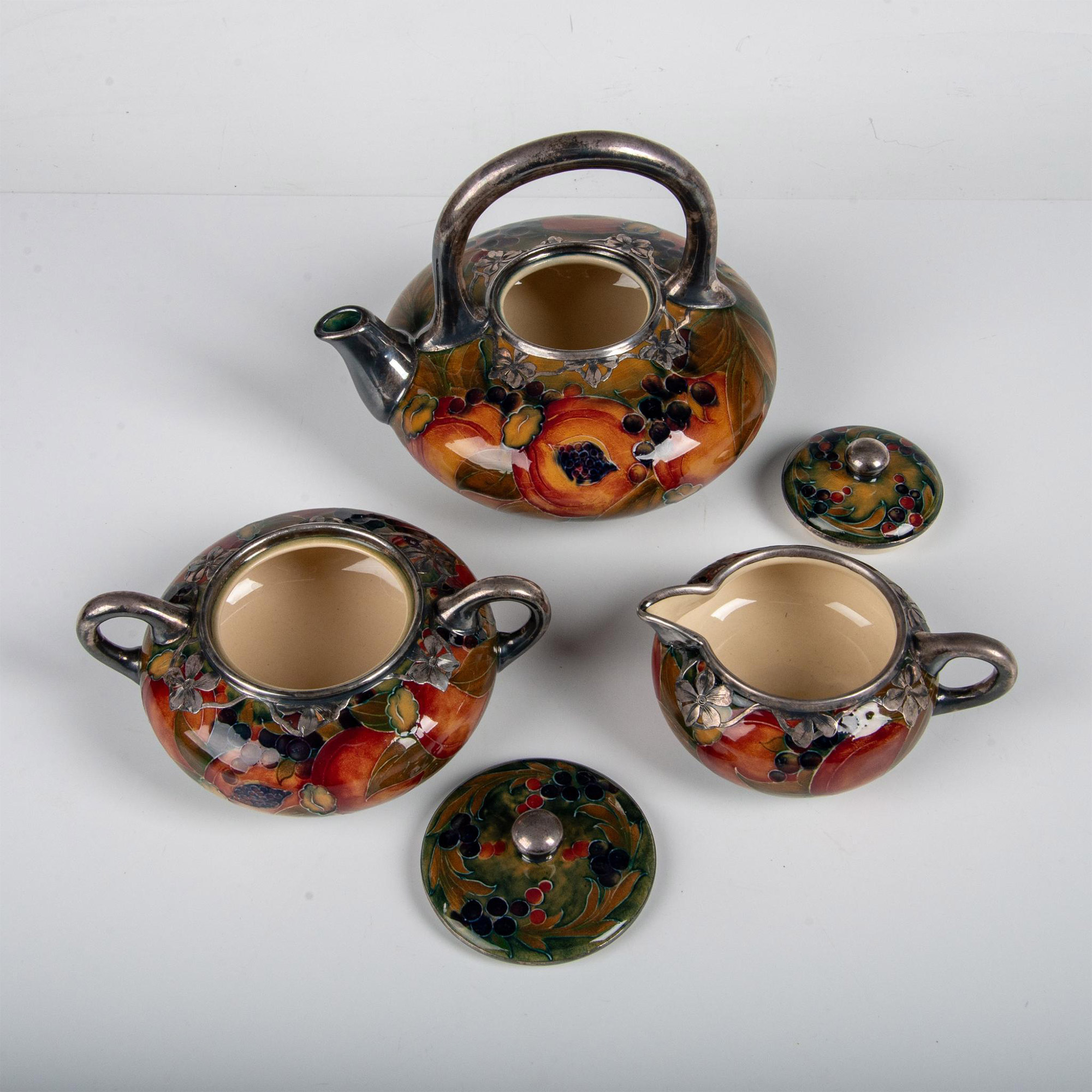 3pc Moorcroft Silver Overlay Tea Set, Ochre Pomegranate - Image 5 of 6