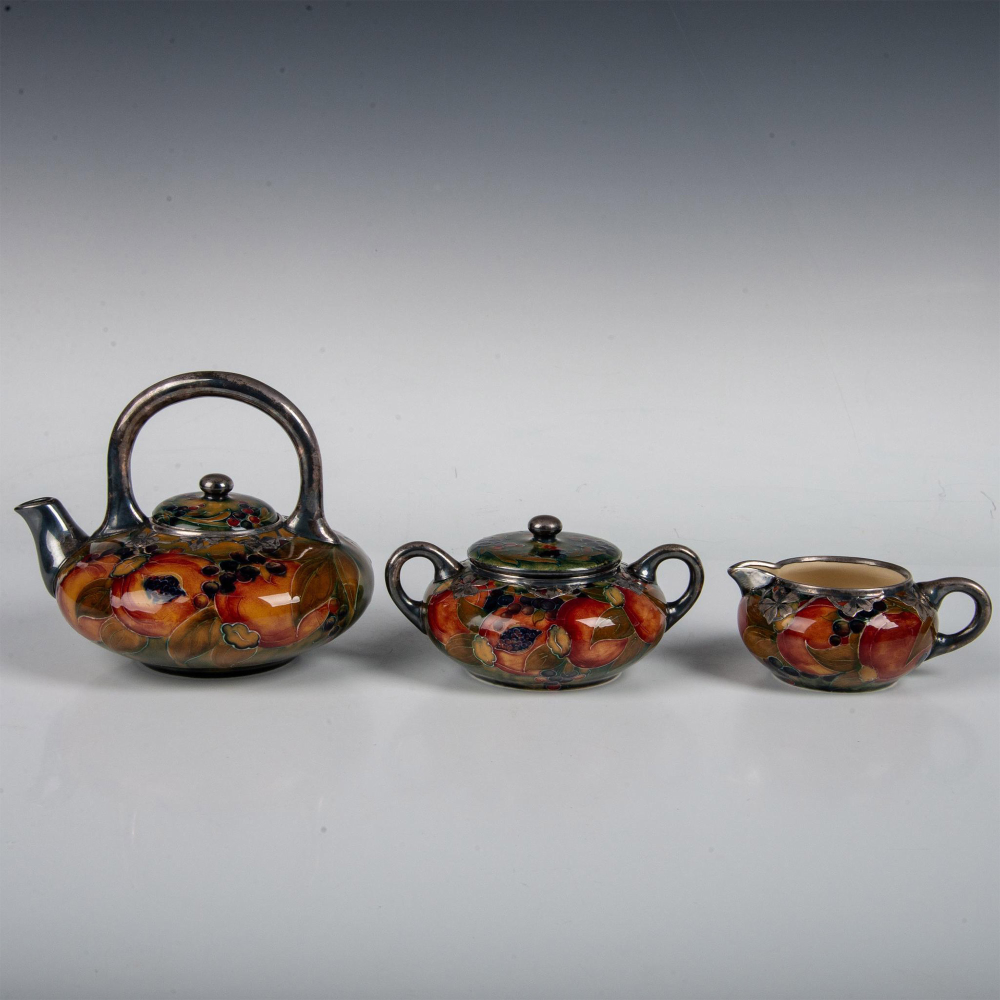 3pc Moorcroft Silver Overlay Tea Set, Ochre Pomegranate - Image 2 of 6