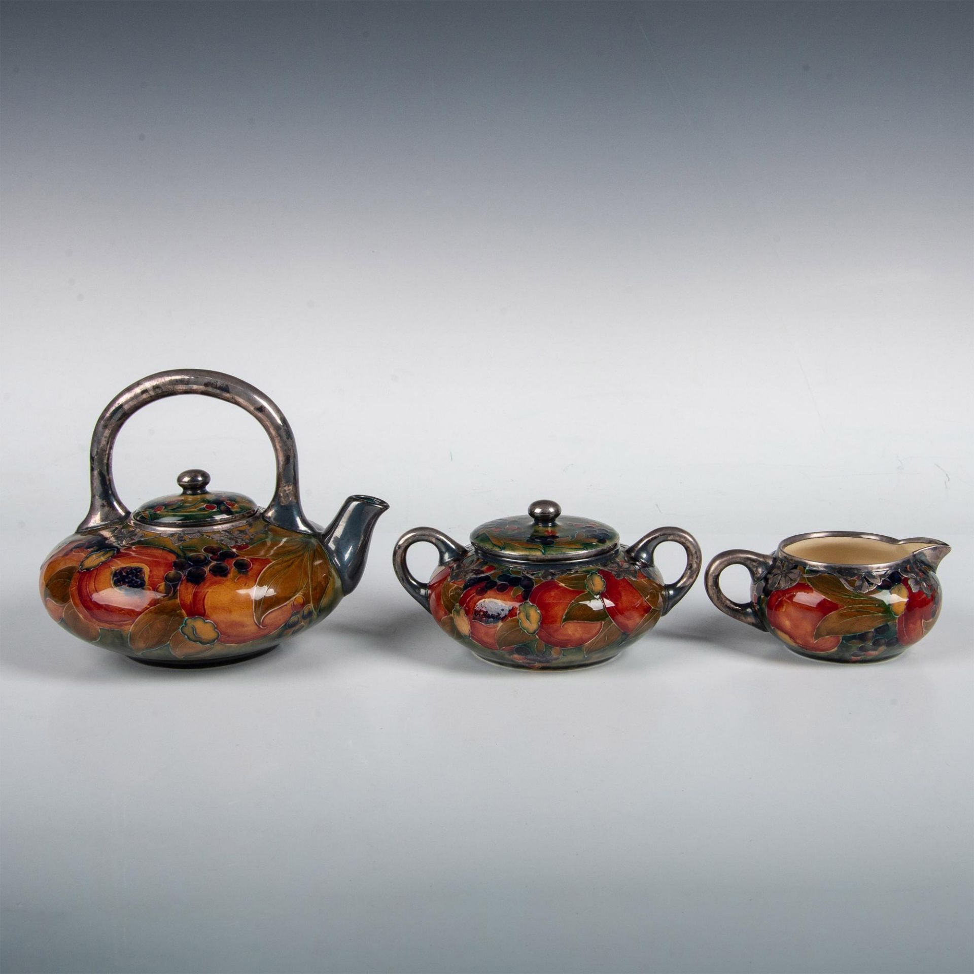 3pc Moorcroft Silver Overlay Tea Set, Ochre Pomegranate - Bild 3 aus 6