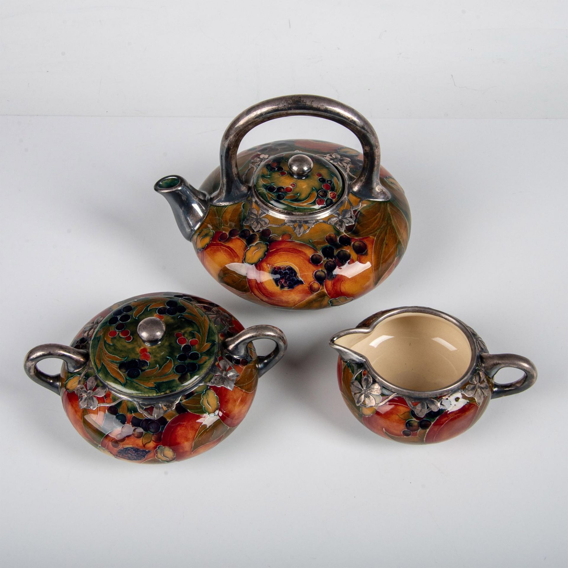 3pc Moorcroft Silver Overlay Tea Set, Ochre Pomegranate - Bild 4 aus 6