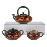 3pc Moorcroft Silver Overlay Tea Set, Ochre Pomegranate