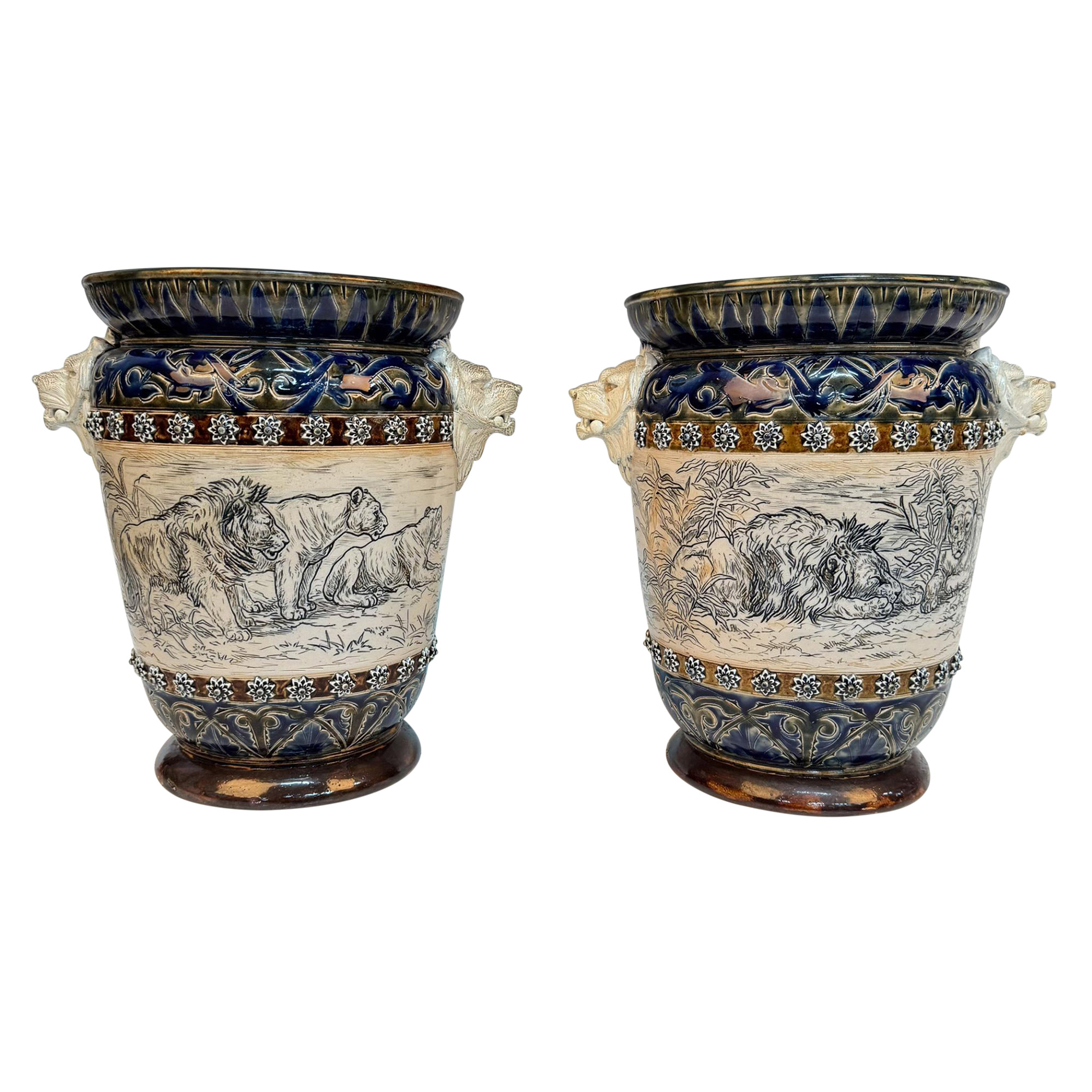 Pair of Doulton Lambeth Florence and Hannah Barlow Jardinieres