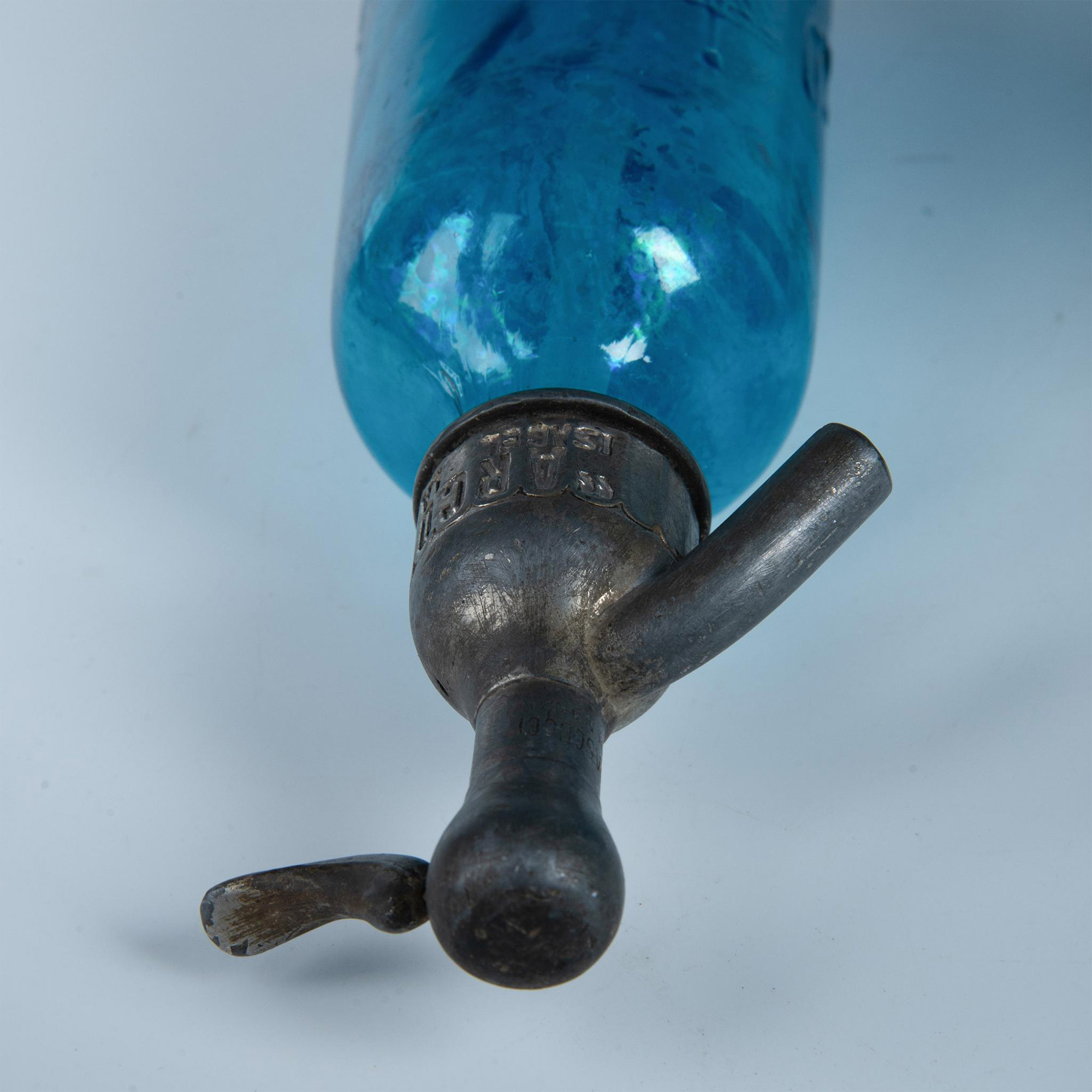 Antique Blue Glass Seltzer Bottle Argentina, Iris Arco - Image 6 of 7