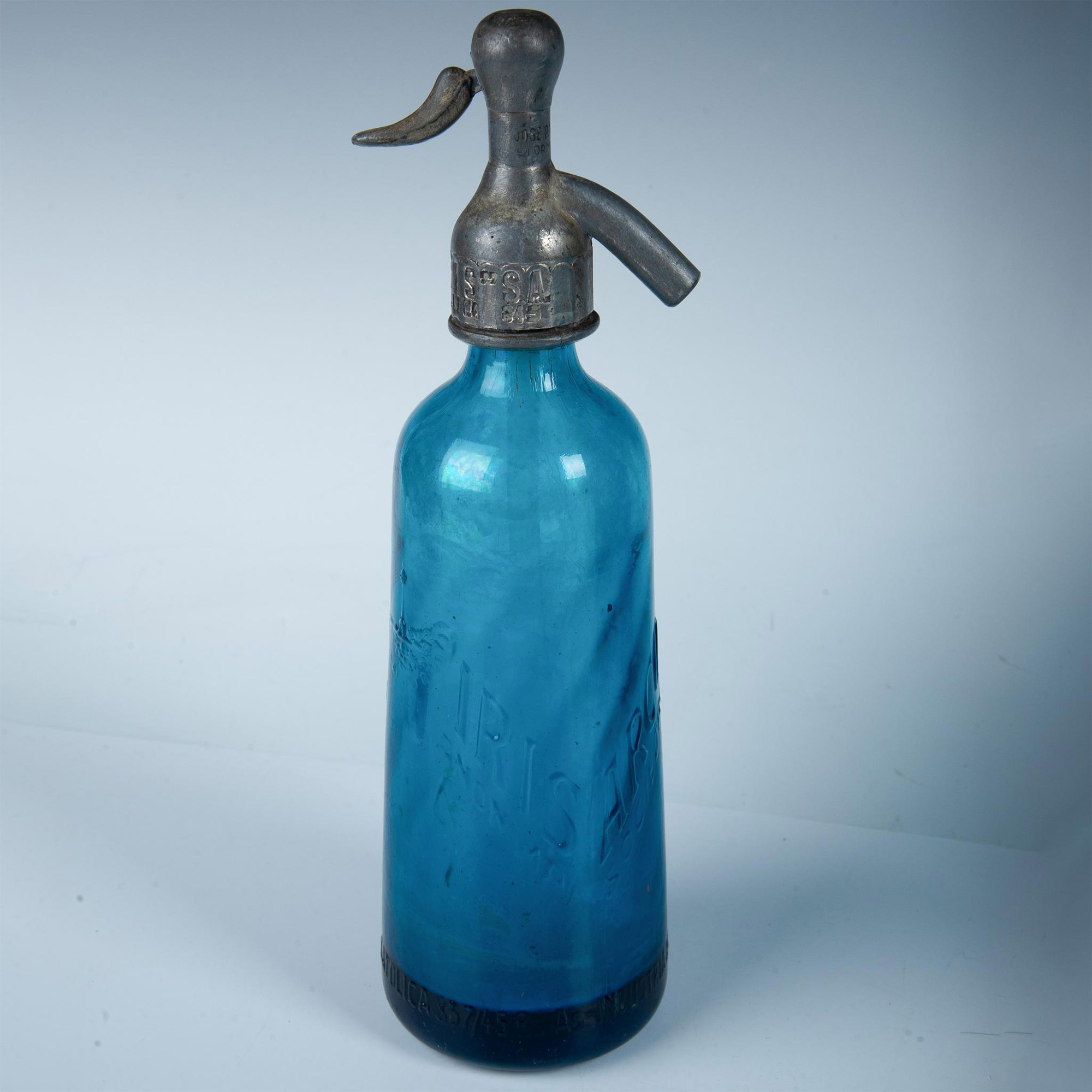 Antique Blue Glass Seltzer Bottle Argentina, Iris Arco - Image 4 of 7