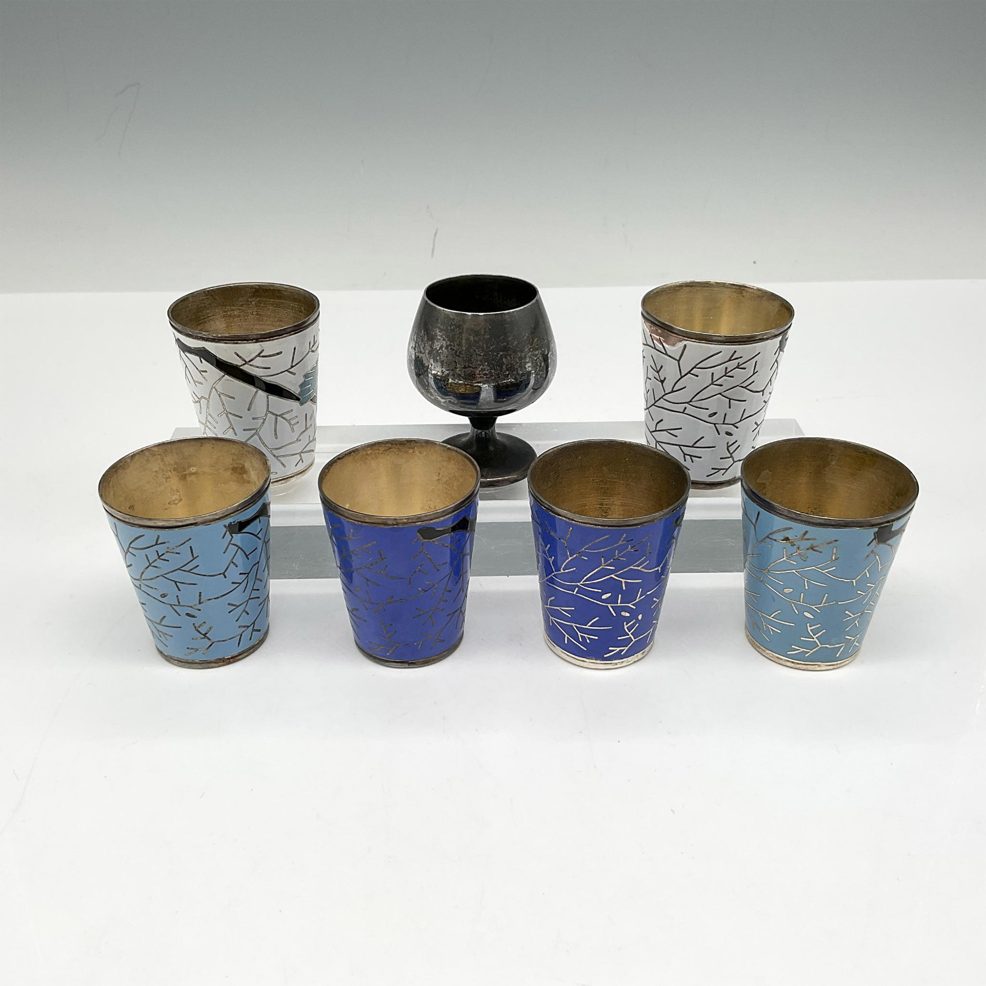 7pc Russian Enameled Vodka Shot Glasses + Gorham Wine Cup - Image 2 of 3