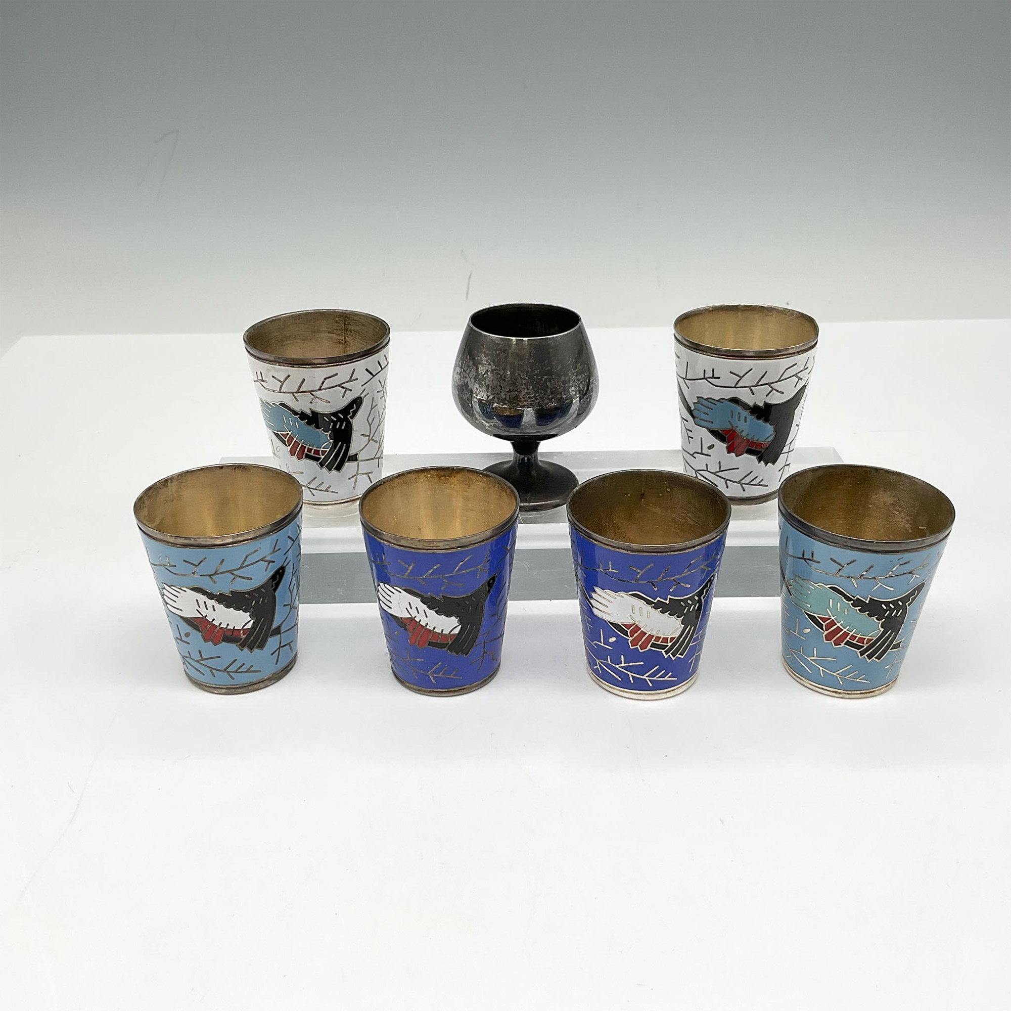 7pc Russian Enameled Vodka Shot Glasses + Gorham Wine Cup